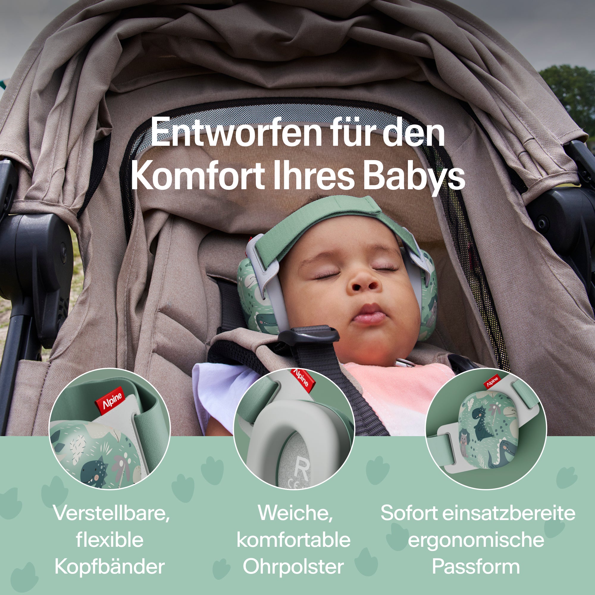 Schlafendes Baby im Kinderwagen mit Alpine Gehörschutz mit Dino-Print; verstellbares Band