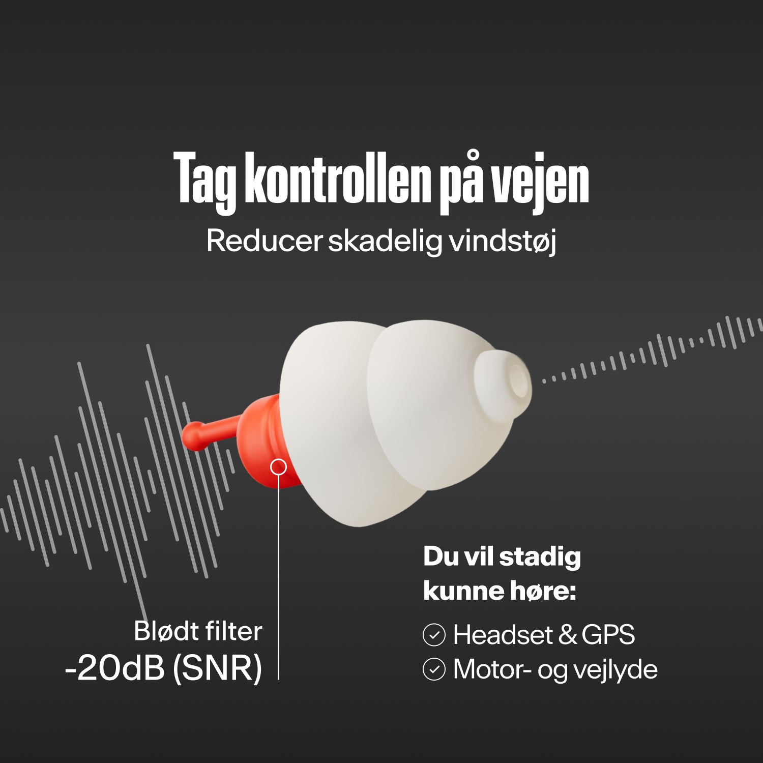 Alpine MotoSafe Sport øreprop der filtrerer lydbølger, med teksten &