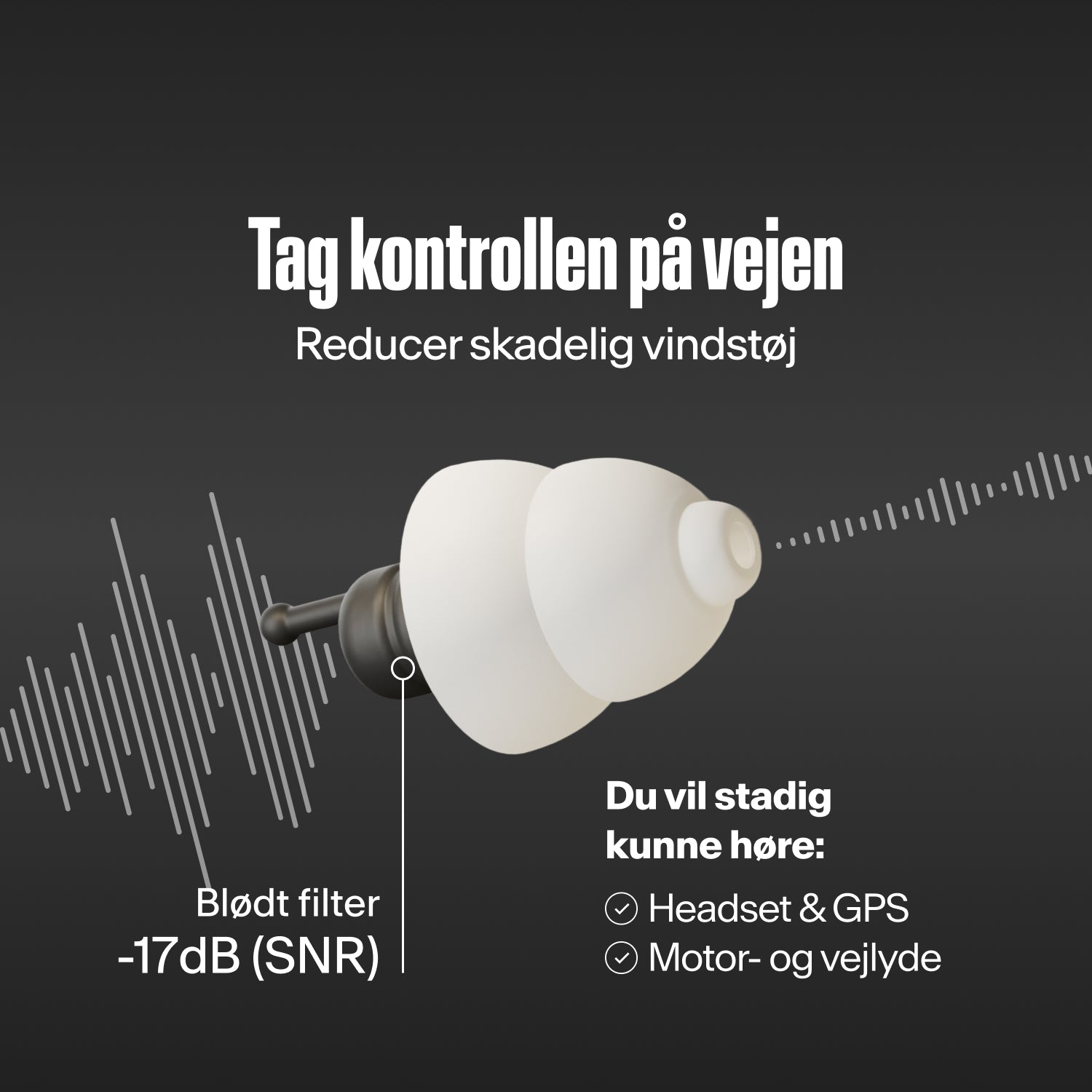 Alpine MotoSafe Tour øreprop mellem lydbølger, tekst "Tag kontrollen på vejen – Reducer skadelig vindstøj", "Blødt filter -17dB (SNR)", "Du vil stadig kunne høre: Headset & GPS, Motor- og vejlyde"