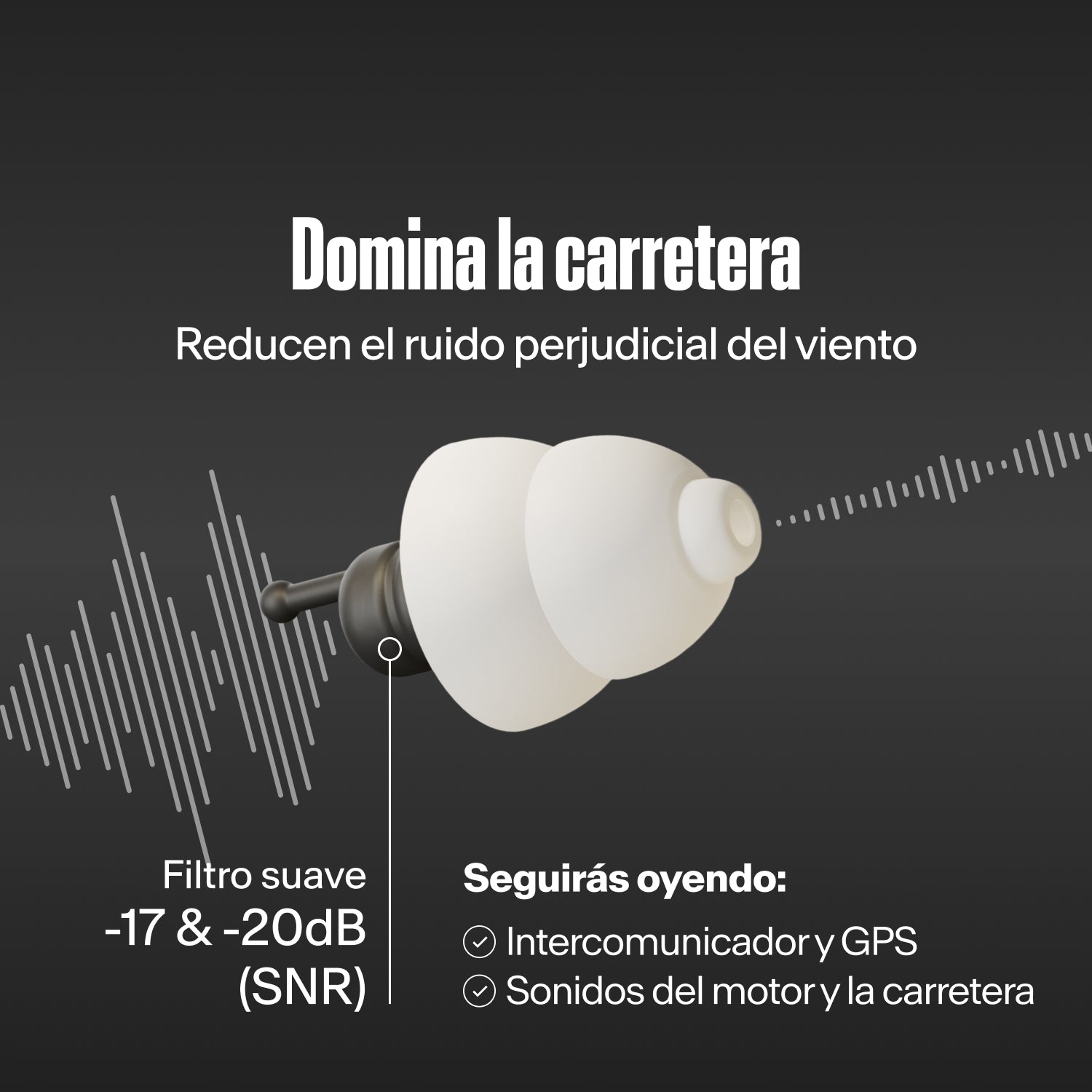 Tapón Alpine MotoSafe Duo filtrando ondas sonoras, con el texto &