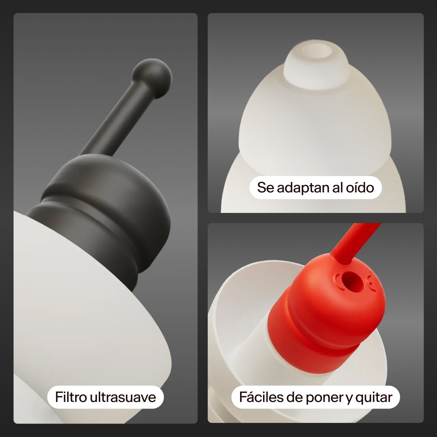 Primeros planos de los tapones Alpine MotoSafe Duo con los textos &