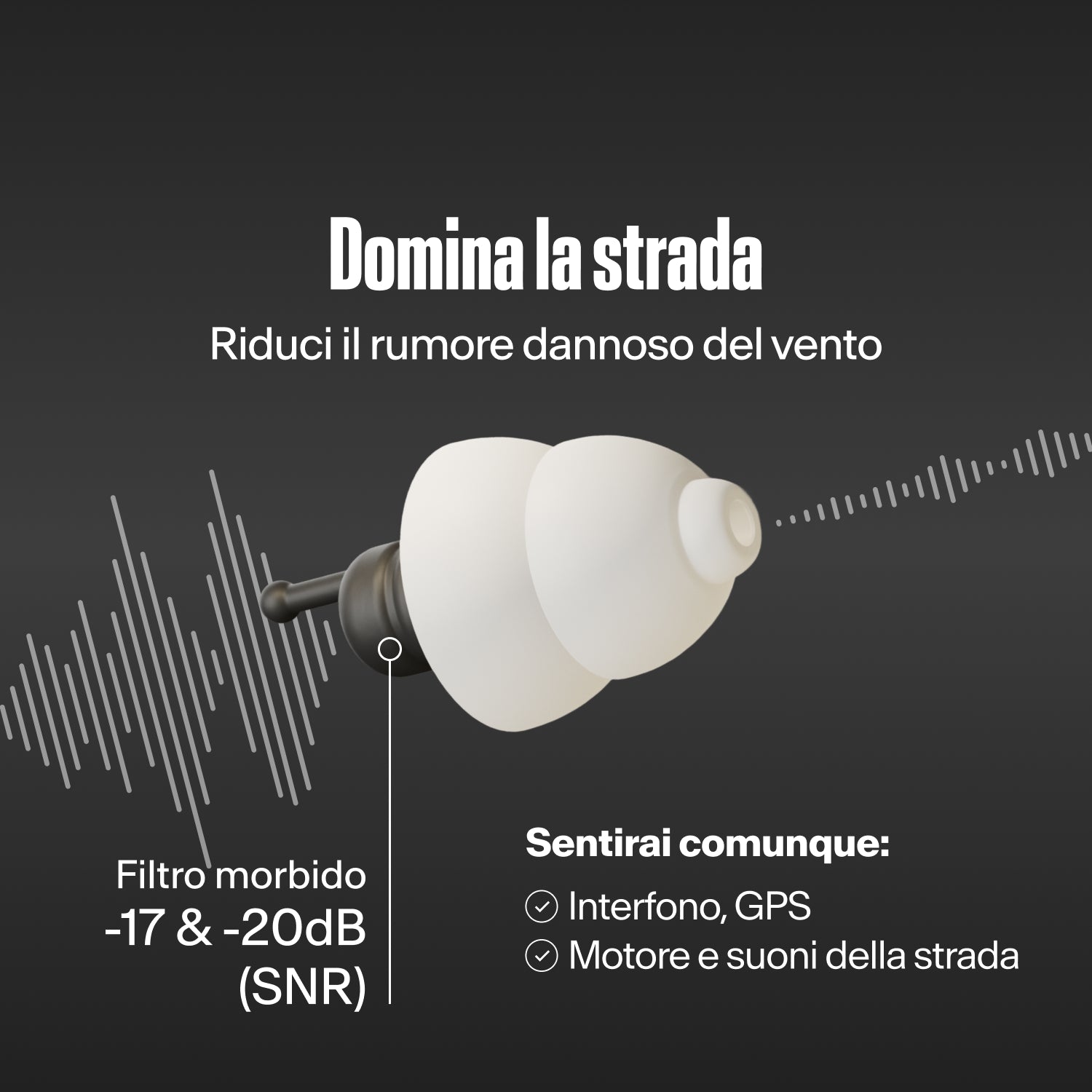 Tappo Alpine MotoSafe Duo che filtra le onde sonore, con la scritta &