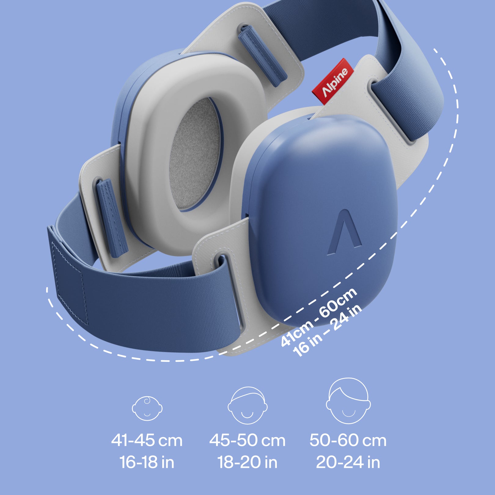 Alpine muffy baby in demin-blue with adjustable headband, fitting 41–60cm / 16–24 in head size