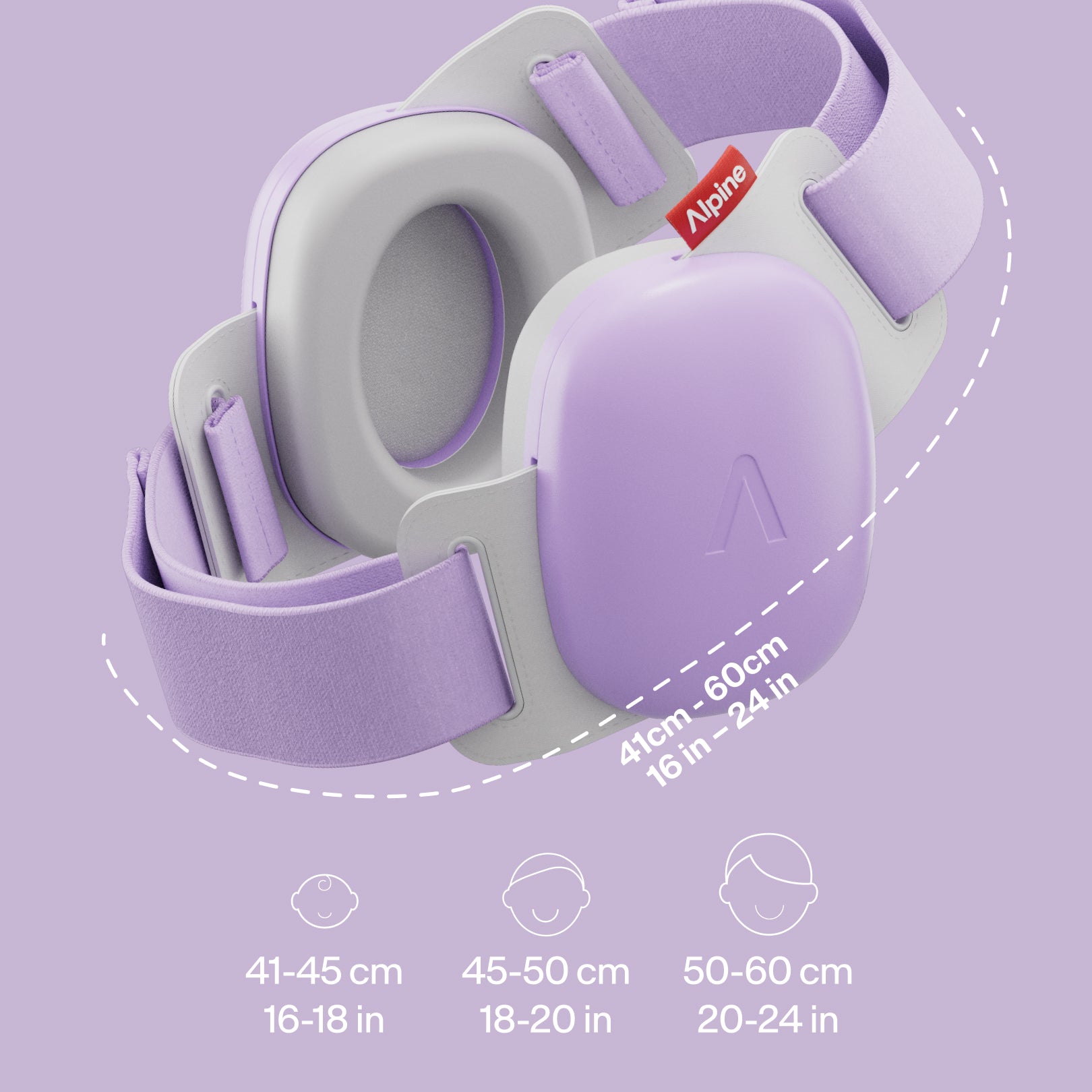 Alpine muffy baby in dawn-purple with adjustable headband, fitting 41–60cm / 16–24 in head size