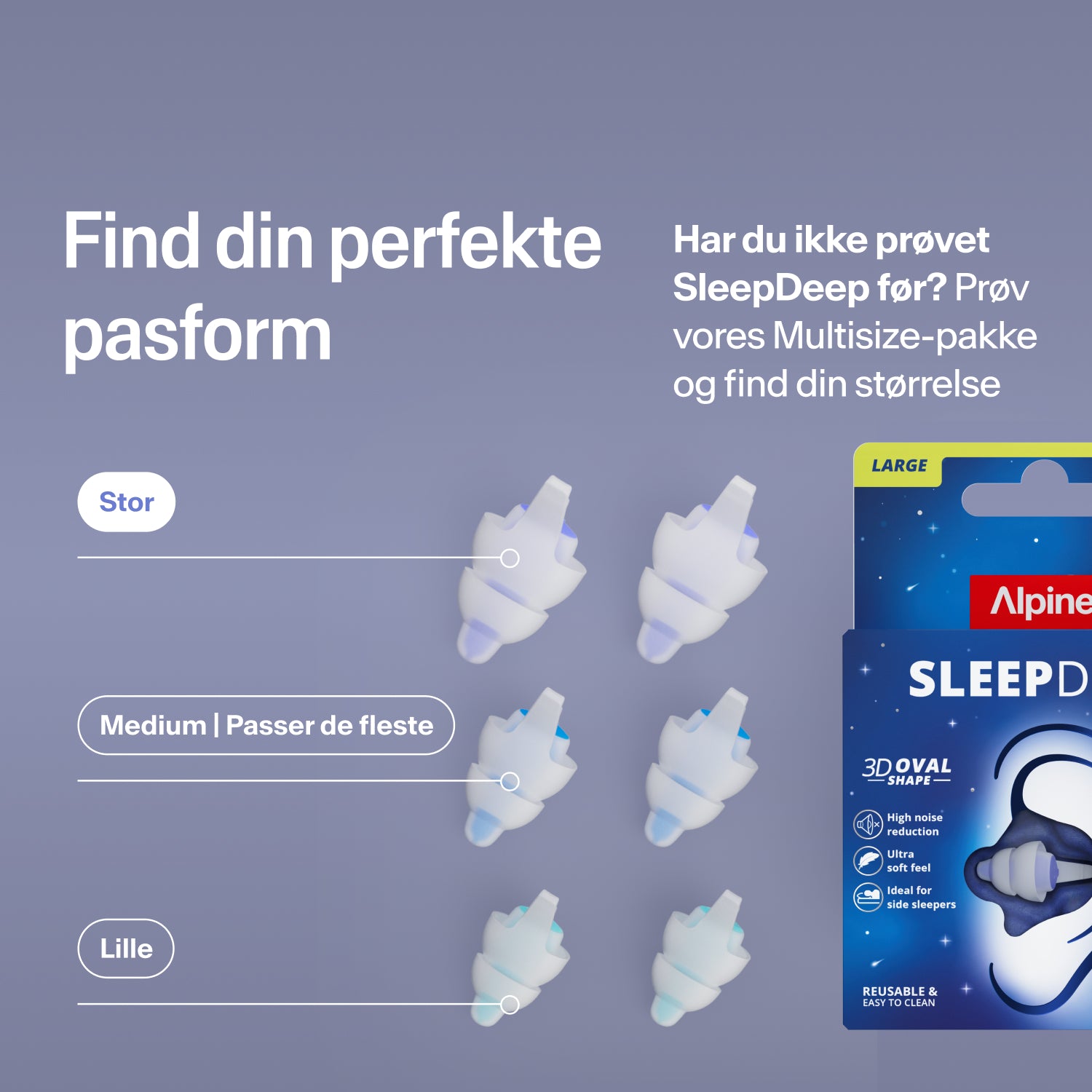 Alpine SleepDeep ørepropper i størrelserne Large, Medium og Small ved siden af pakken; find den rette størrelse med Multisize-pakken