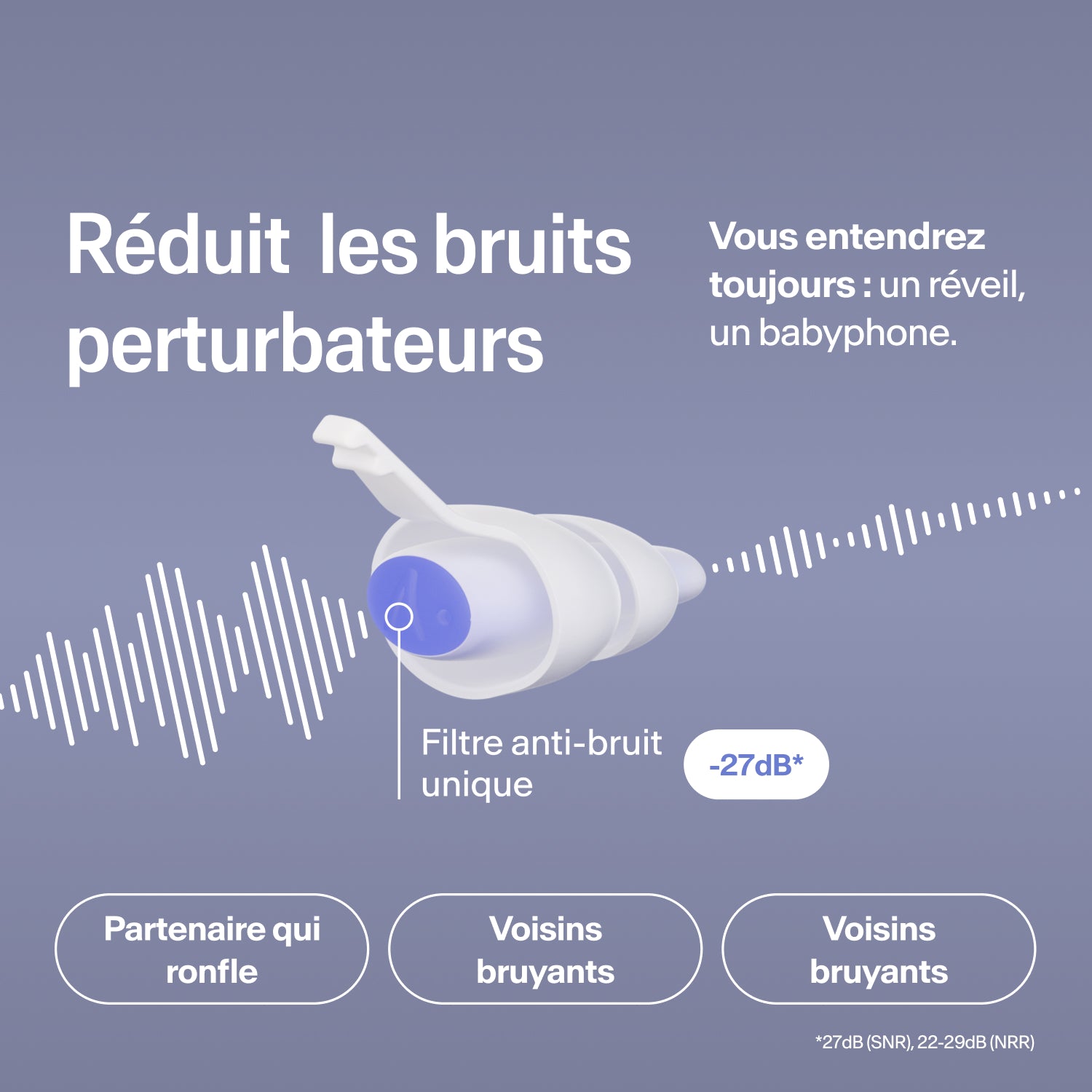 Bouchon Alpine SleepDeep taille L réduisant de 27 dB ronflements, voisinage et trafic, le réveil restant audible