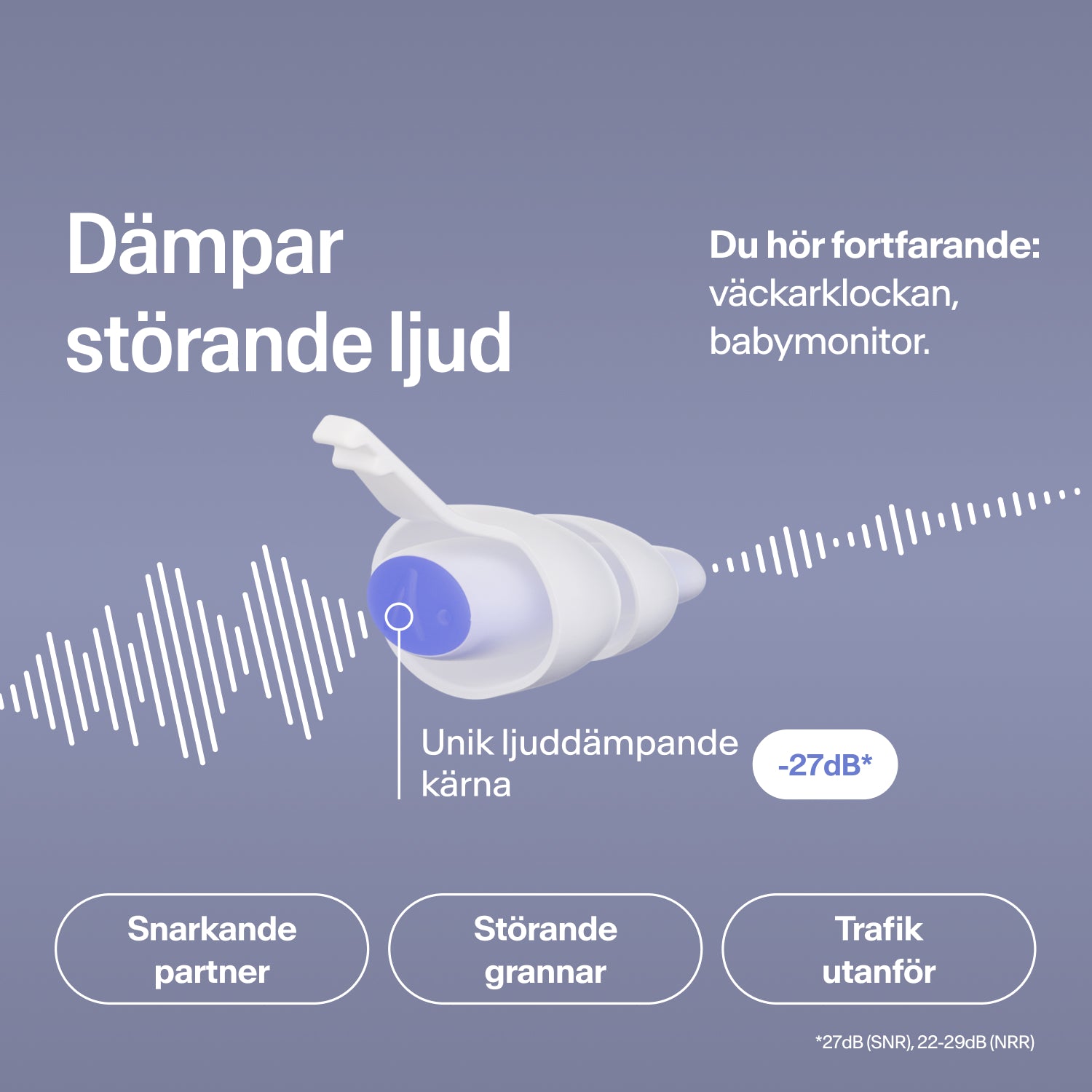 Alpine SleepDeep öronpropp i storlek L dämpar snarkning, grann- och trafikbuller med 27 dB, medan väckarklockan hörs