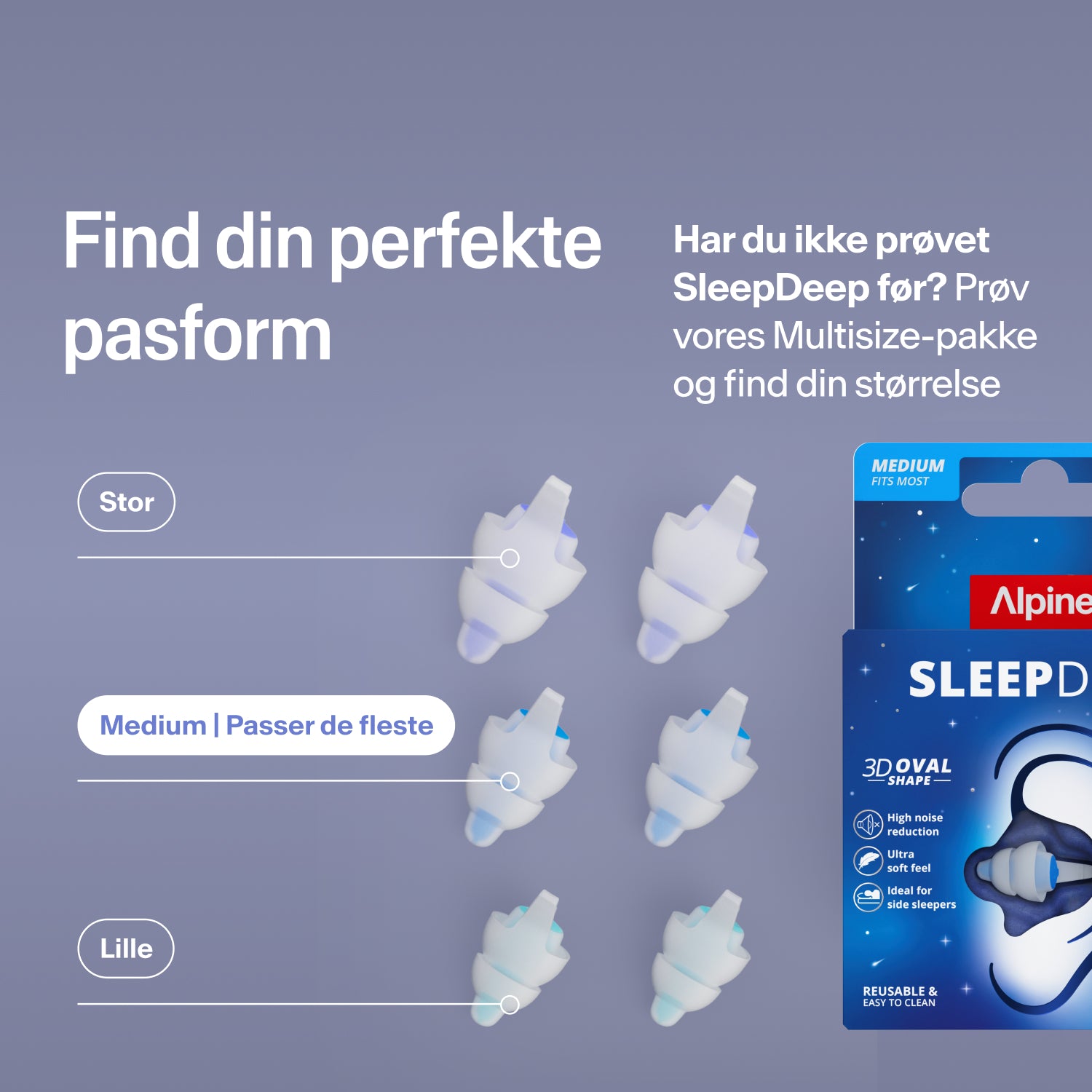 Alpine SleepDeep ørepropper i størrelserne Large, Medium og Small ved siden af pakken; find den rette størrelse med Multisize-pakken