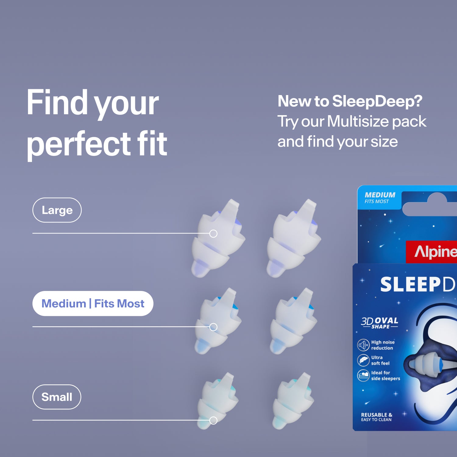 Alpine SleepDeep earplugs in sizes Large, Medium and Small next to the pack; try the Multisize pack to find your fit