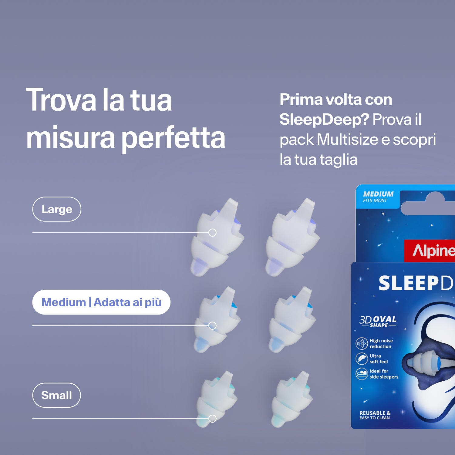 Tappi Alpine SleepDeep nelle taglie Large, Medium e Small accanto alla confezione; il pack Multisize aiuta a trovare la taglia giusta