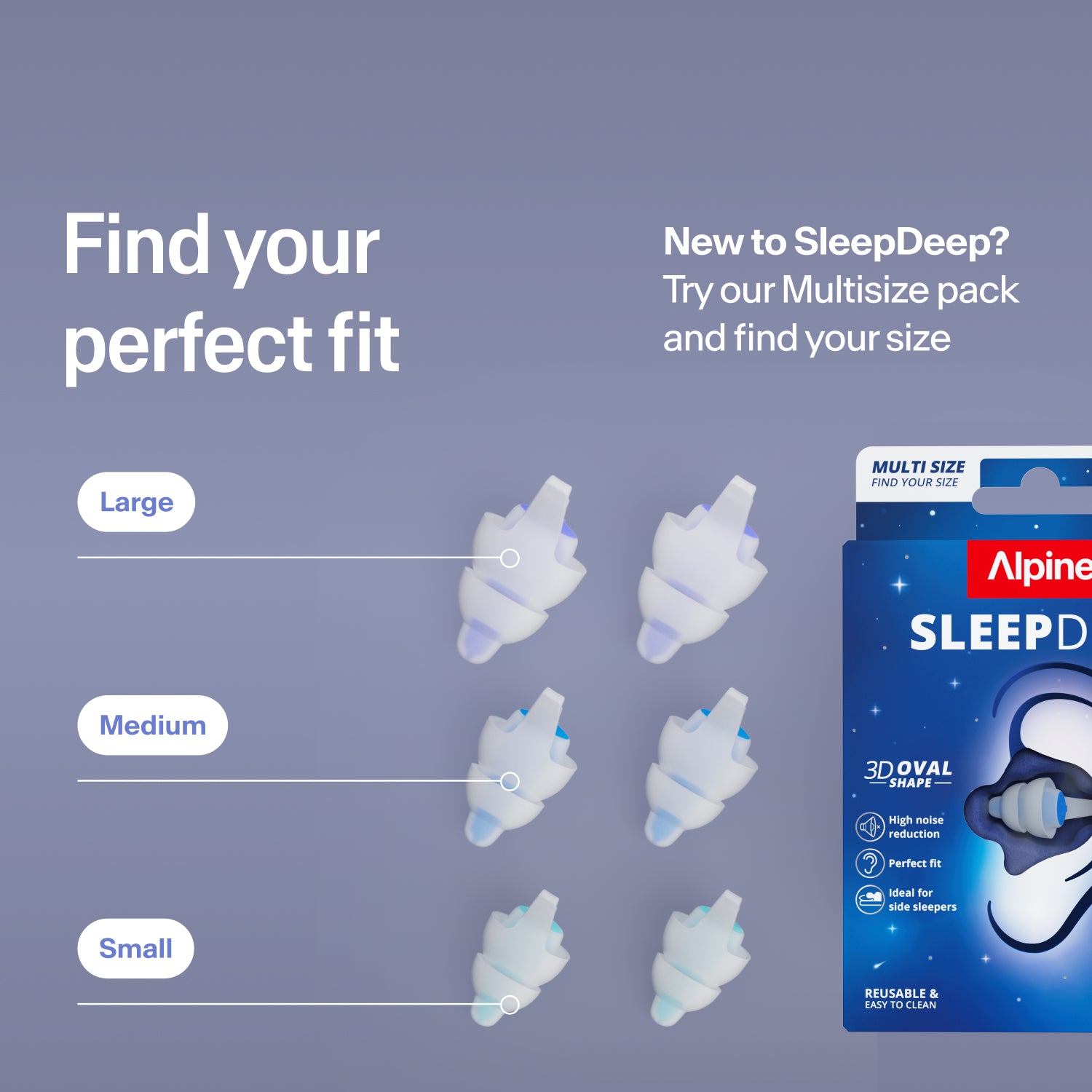 Alpine SleepDeep earplugs in sizes Large, Medium and Small next to the pack; try the Multisize pack to find your fit size_multisize