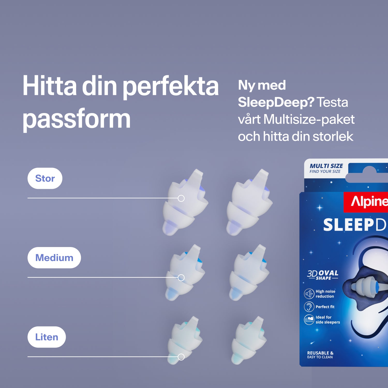 Alpine SleepDeep öronproppar i storlekarna Large, Medium och Small bredvid förpackningen; hitta rätt storlek med Multisize-paketet
