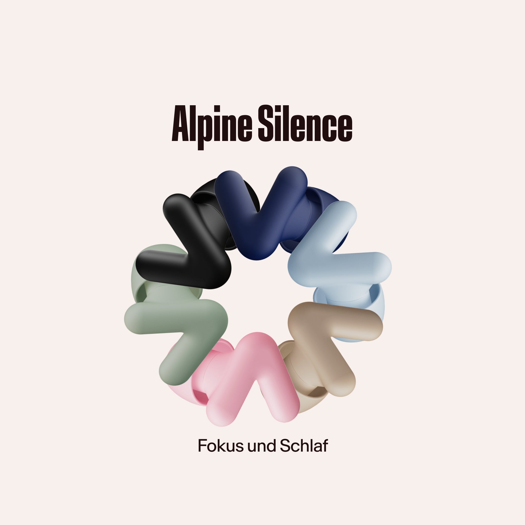 Alpine Silence Ohrstöpsel in mehreren Farben im Kreis angeordnet, mit dem Text &