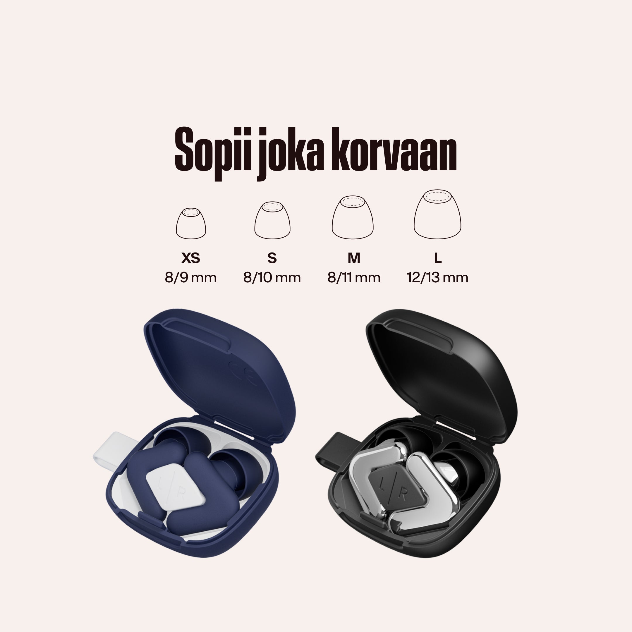 Alpine Silence- ja Alpine Tune -korvatulpat avoimissa koteloissa, tekstinä &