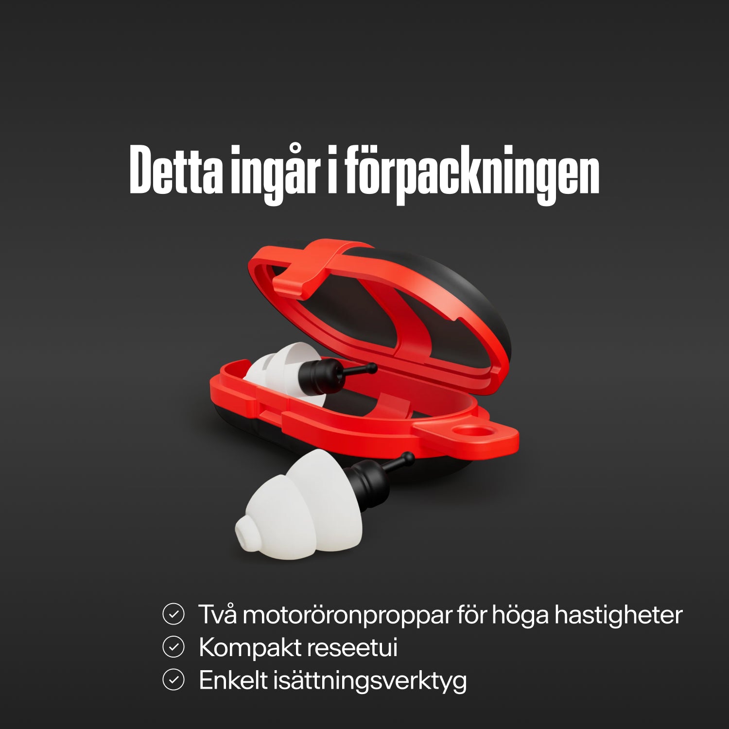 "Detta ingår i förpackningen": två Alpine MotoSafe Tour öronproppar med ett öppet, kompakt rött reseetui och ett enkelt isättningsverktyg