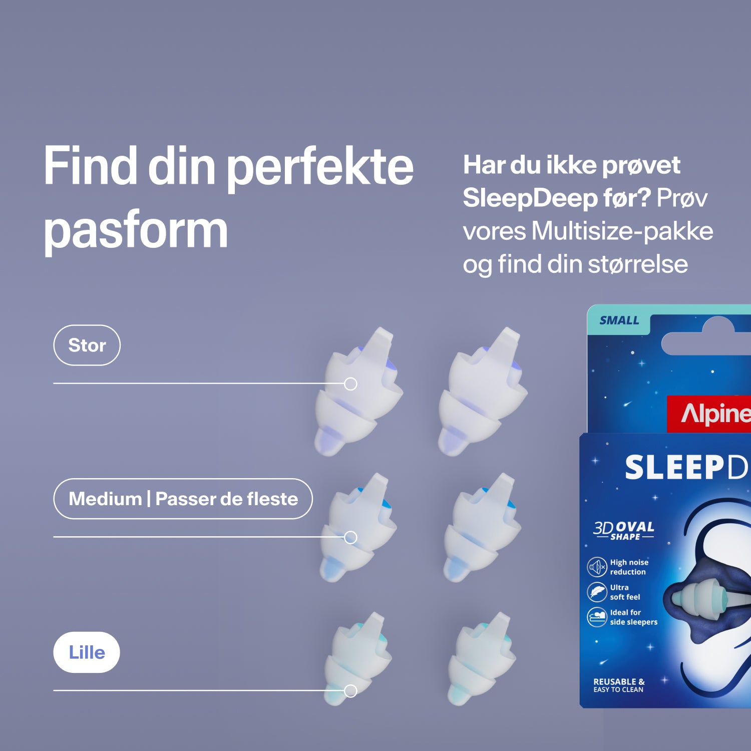 Alpine SleepDeep ørepropper i størrelserne Large, Medium og Small ved siden af pakken; find den rette størrelse med Multisize-pakken