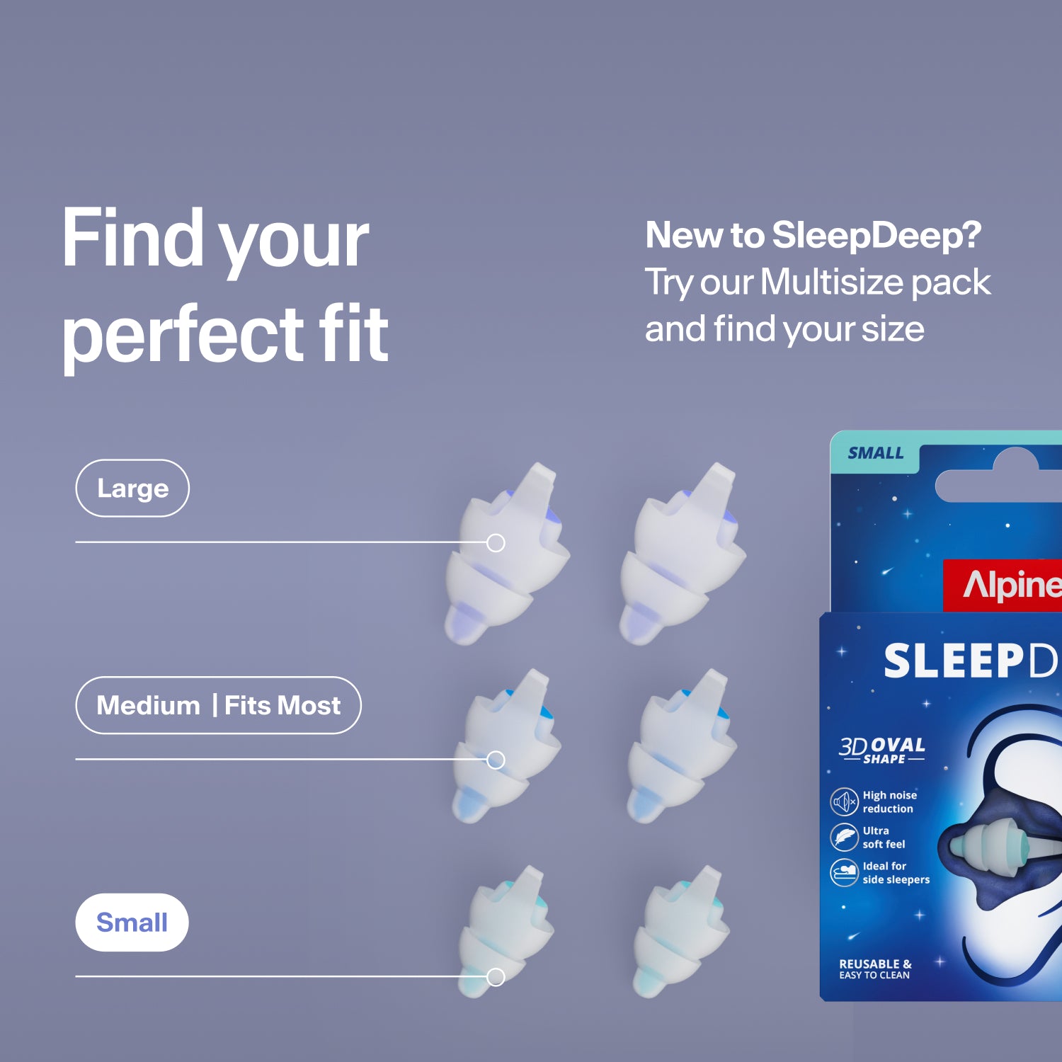 Alpine SleepDeep earplugs in sizes Large, Medium and Small next to the pack; try the Multisize pack to find your fit