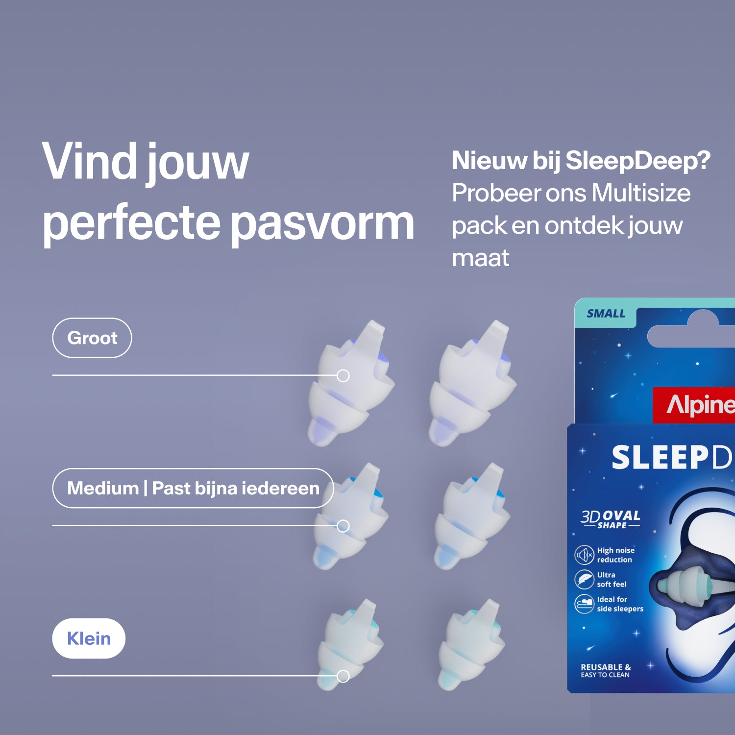 Alpine SleepDeep oordopjes in de maten Large, Medium en Small naast de verpakking; vind de juiste maat met de Multisize-set