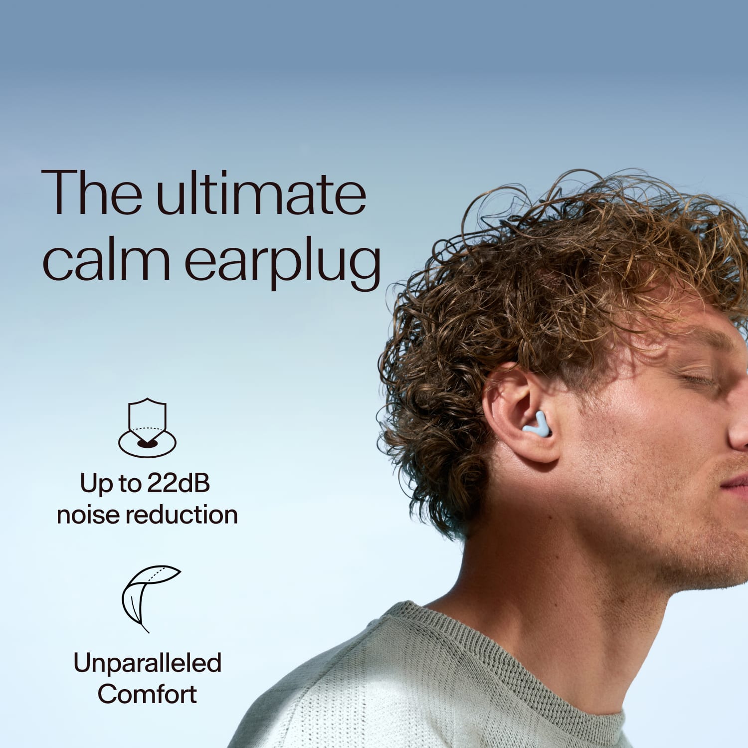 Men wearing Alpine Silence in light blue, damping of 22dB