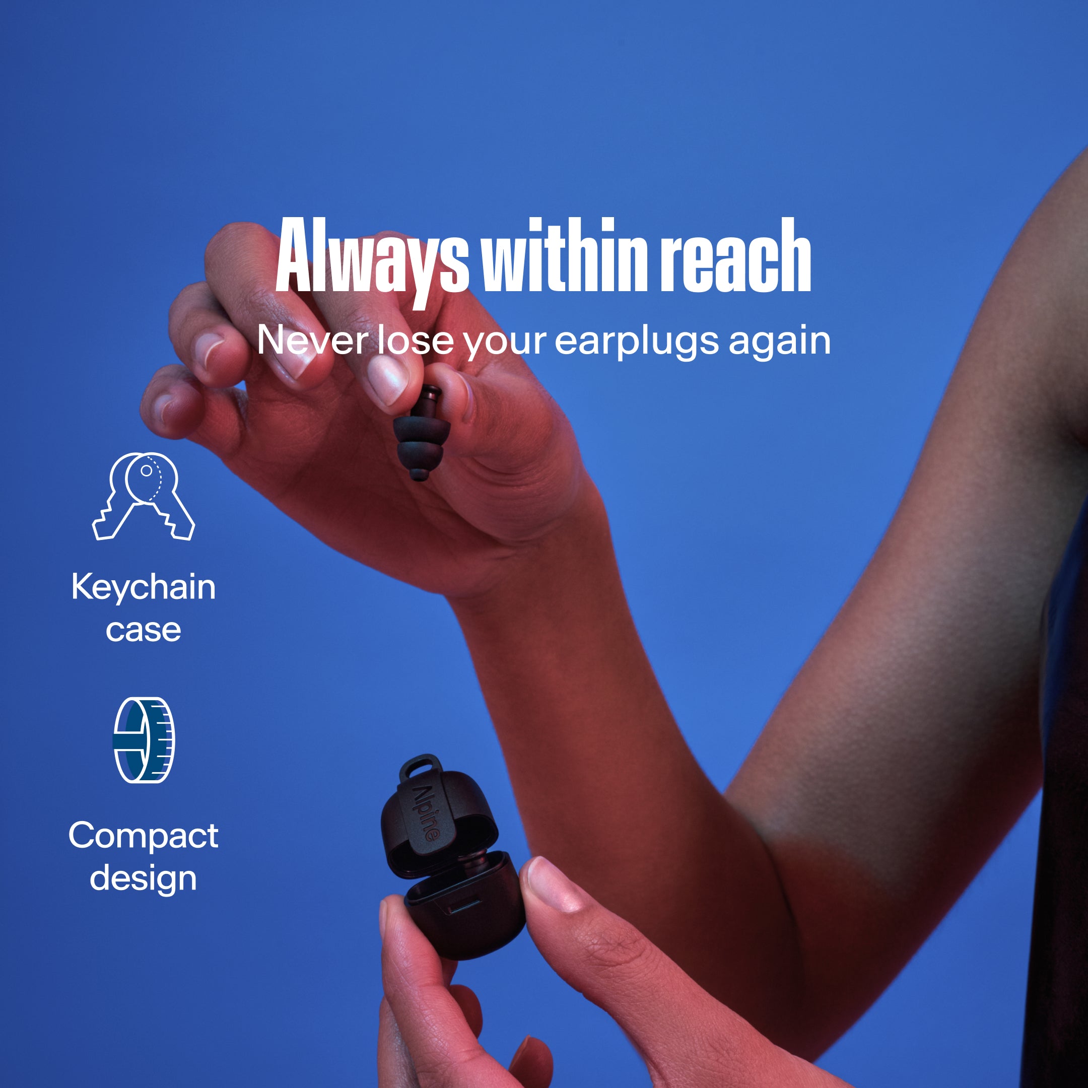 Alpine PartyPlug Pro, always within reach. Hand holding black earplug and keychain case