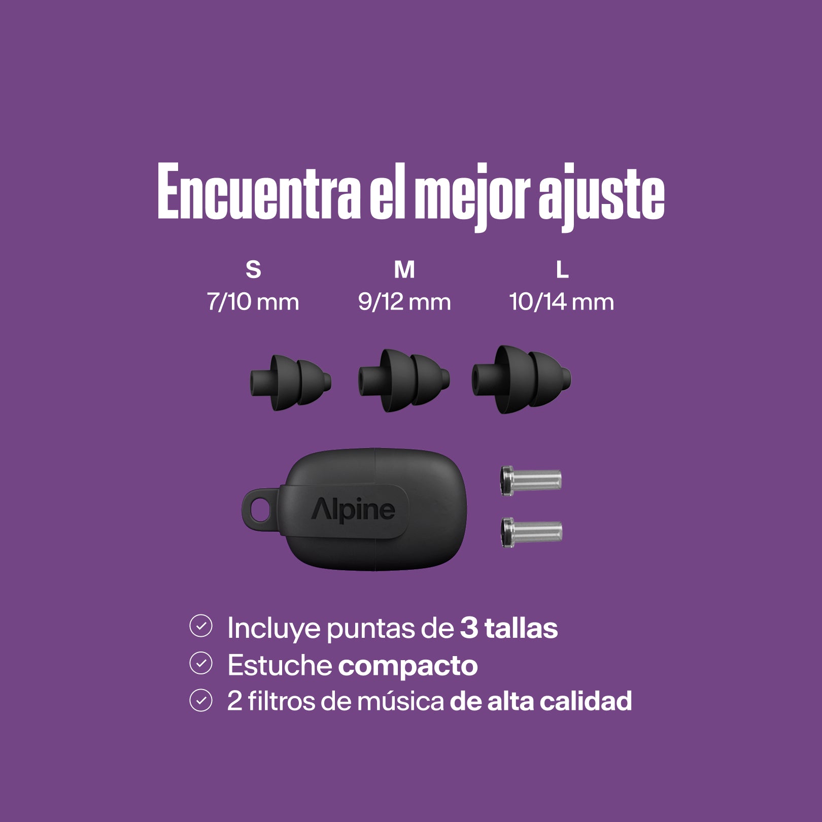 Alpine PartyPlug Pro: encuentra tu ajuste perfecto. Tres tamaños de tapones negros S, M, L, estuche, dos filtros de música