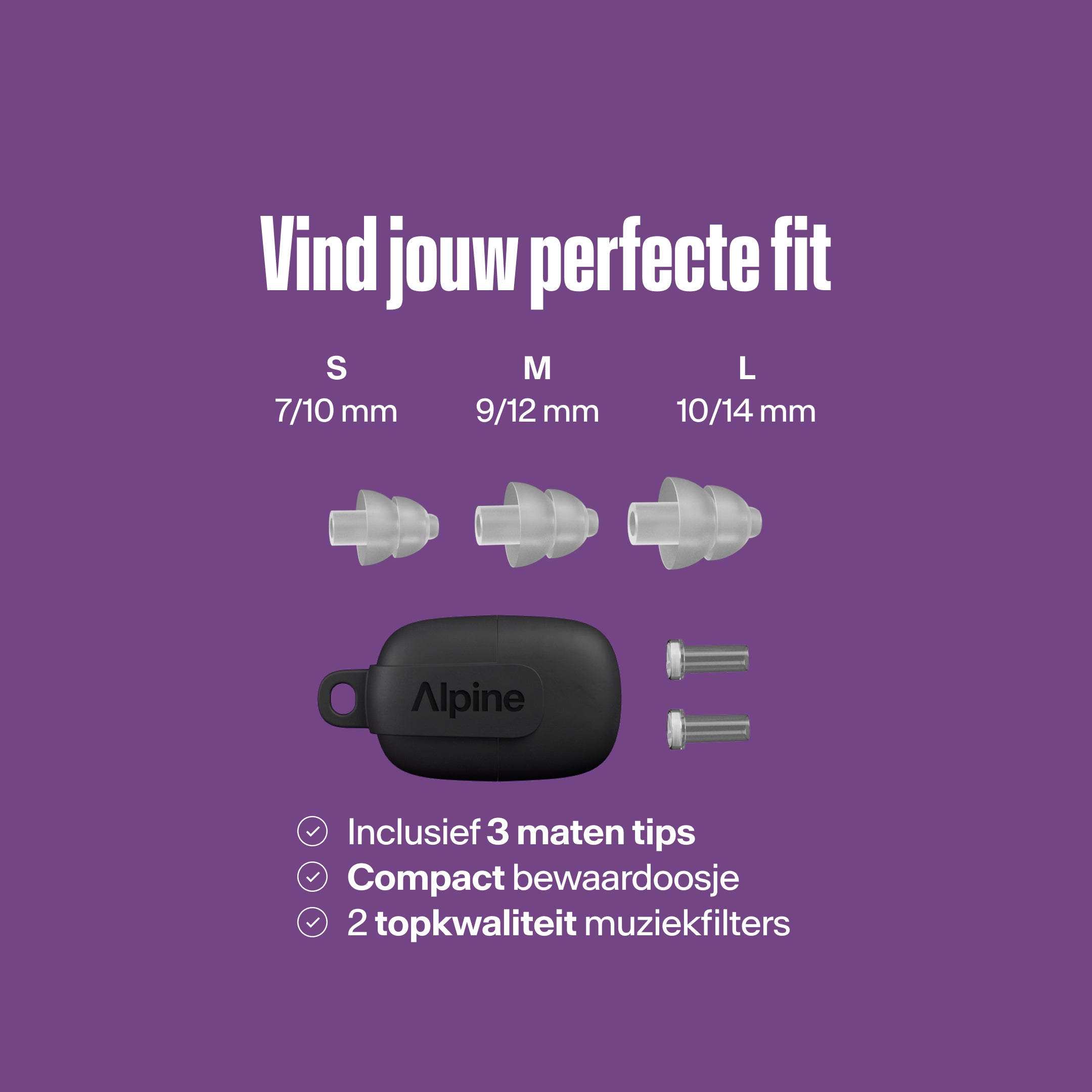 Alpine PartyPlug Pro: vind jouw beste pasvorm. Drie transparante oordop maten S, M, L, draagtasje, twee muziekfilters
