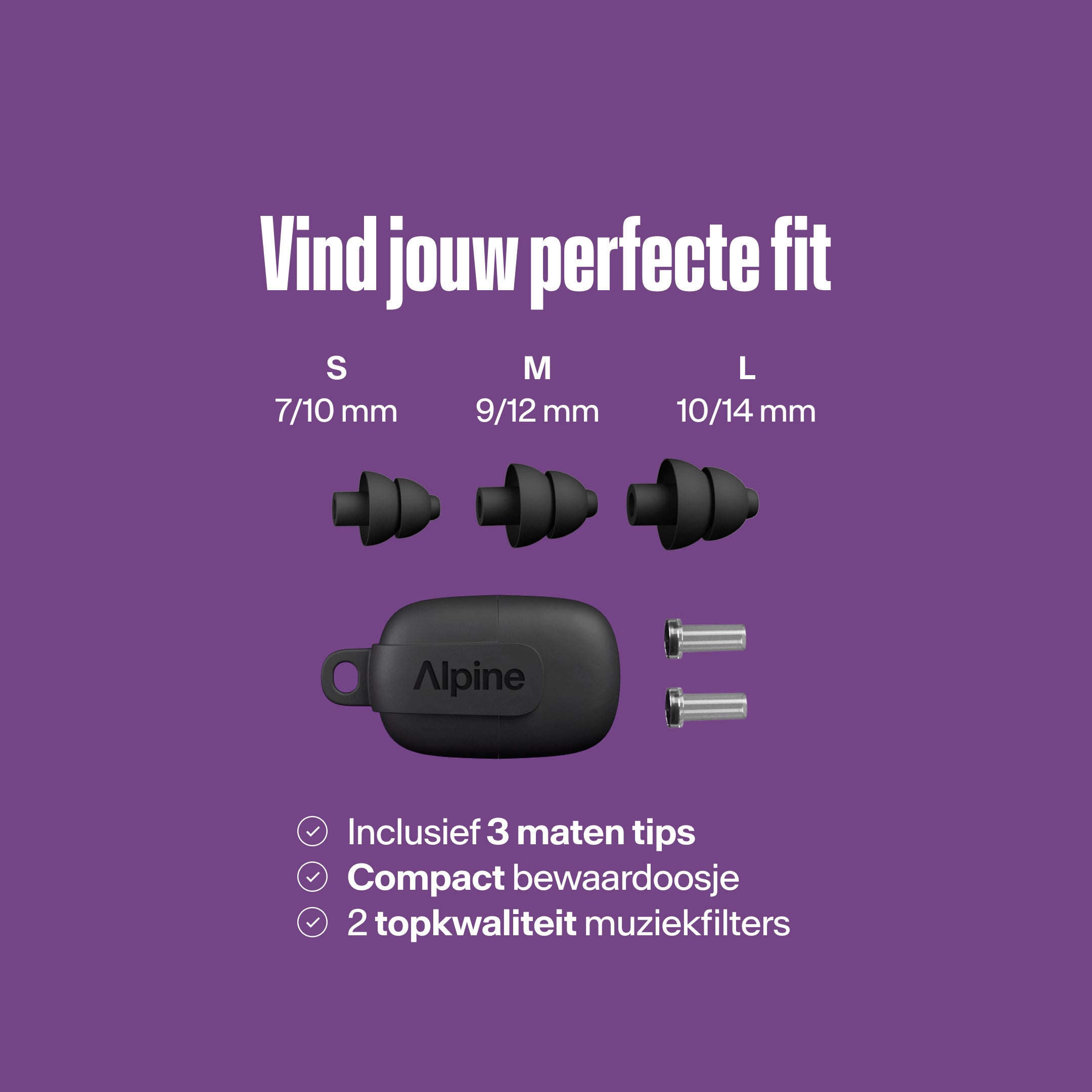 Alpine PartyPlug Pro: vind jouw beste pasvorm. Drie zwarte oordop maten S, M, L, draagtasje, twee muziekfilters
