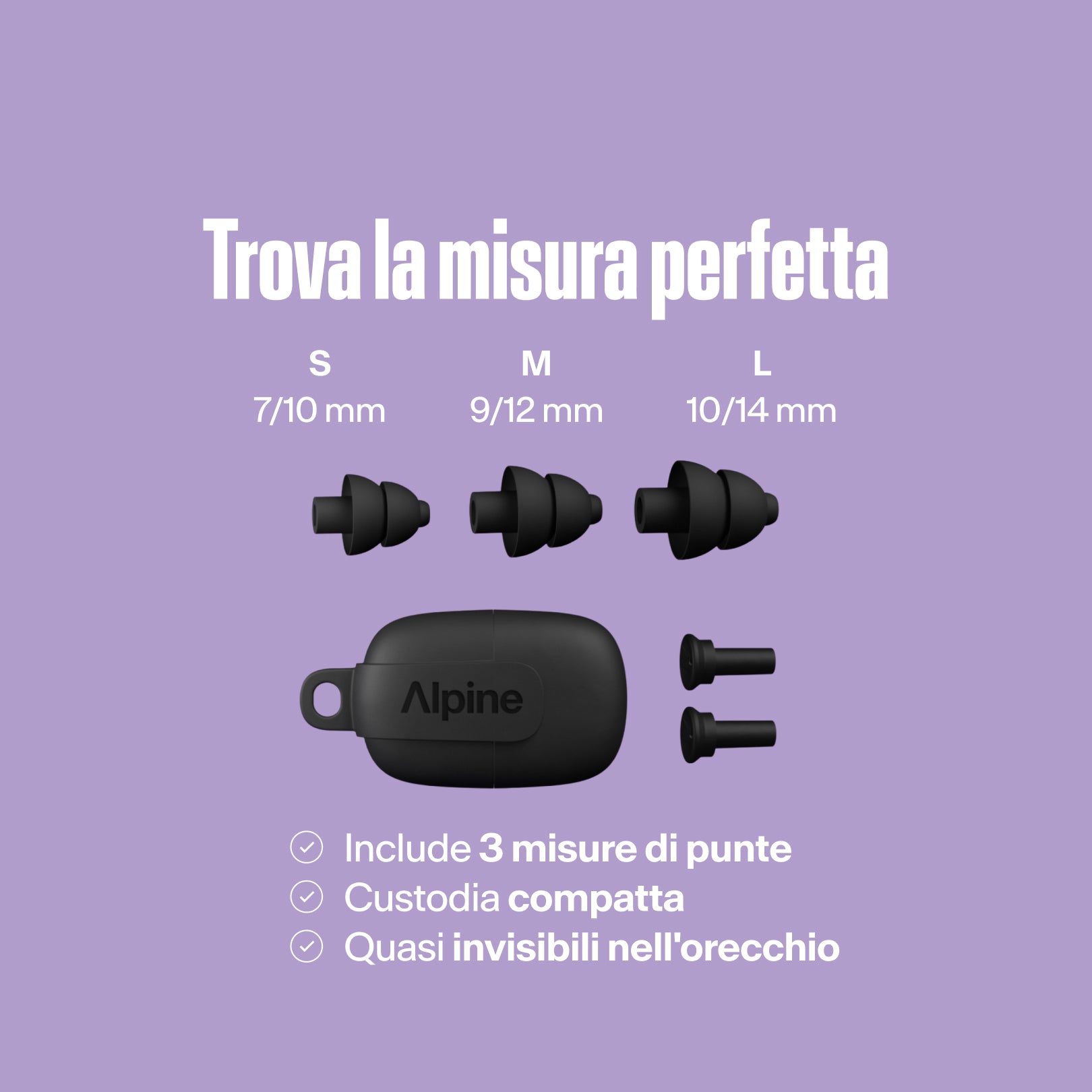 Punte Alpine PartyPlug (S/M/L) con custodia compatta, quasi invisibili nell&