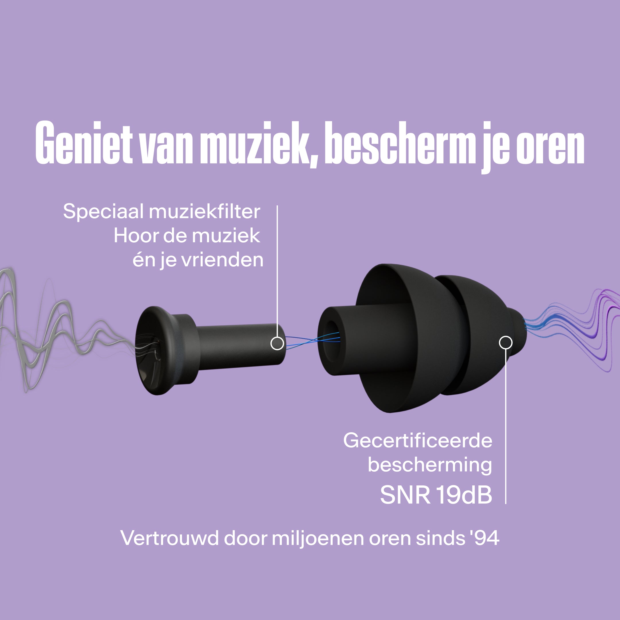 Alpine PartyPlug zwart: speciaal muziekfilter om vrienden te horen, SNR 19dB gecertificeerde gehoorbescherming