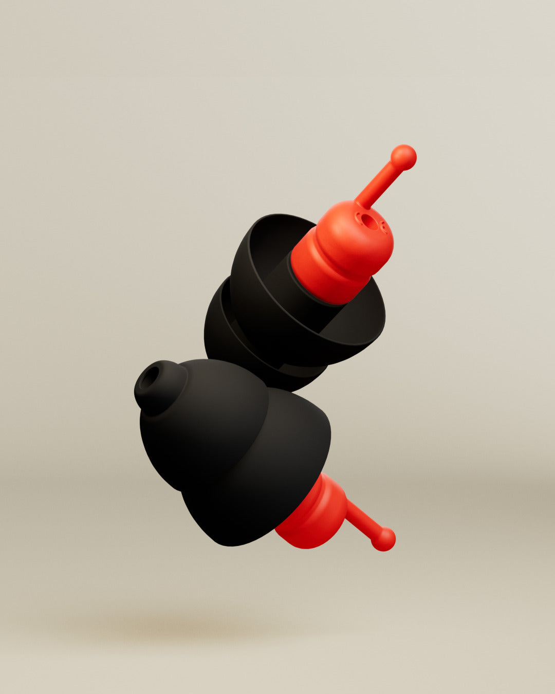 Pair of black Alpine MotoGP™ Earplugs with red filters and pull stems, 3D render