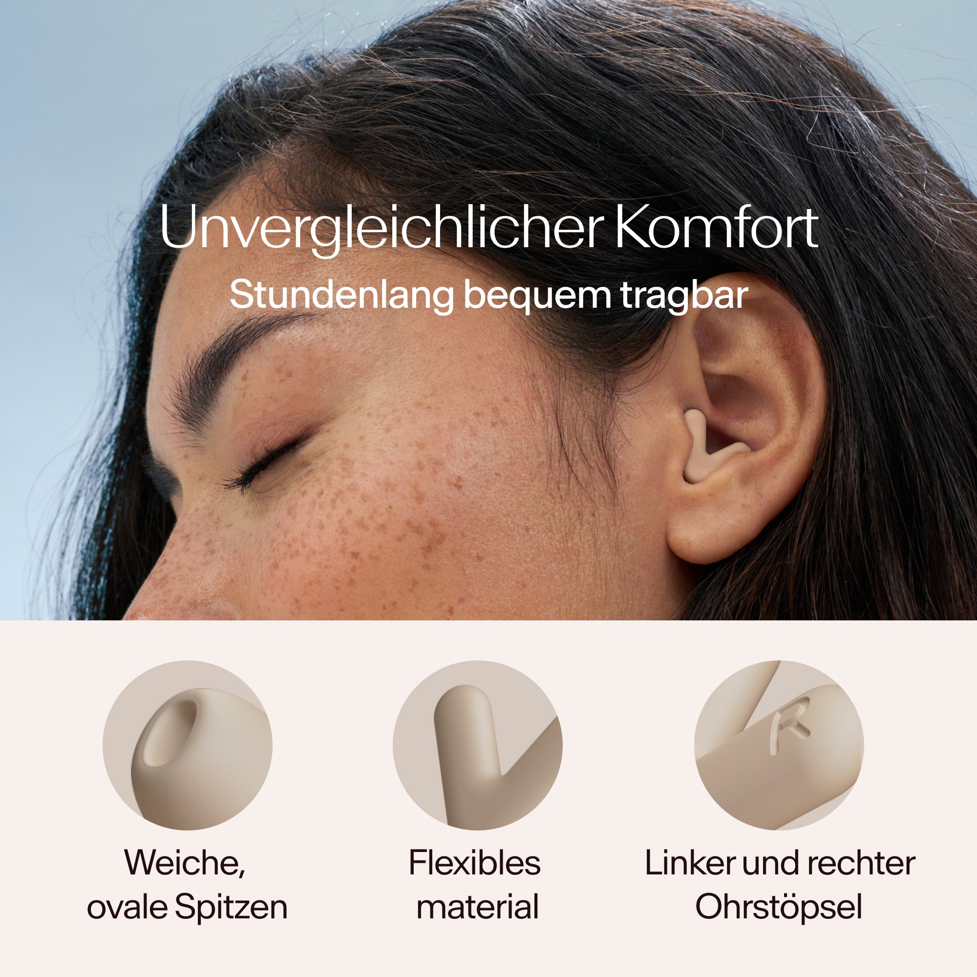 Nahaufnahme einer Person mit Alpine Silence Ohrstöpseln in Beige, mit Text über Komfort und Produktmerkmale