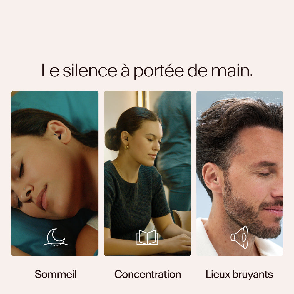 Trois personnes dans différents états de repos ou de concentration portant Alpine Silence en beige, avec du texte et des icônes indiquant « Sommeil », « Concentration » et « Lieux bruyants »