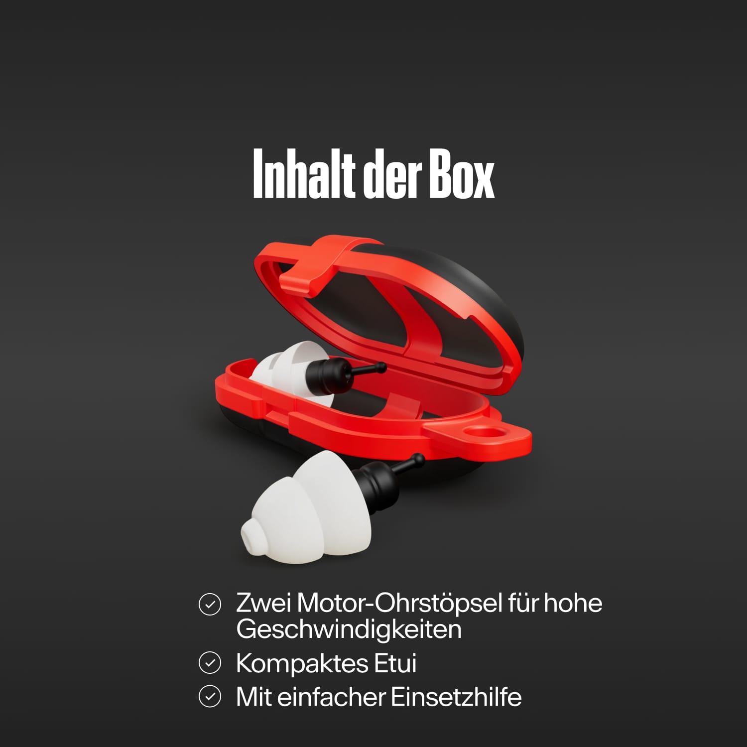 „Inhalt der Box“: zwei Alpine MotoSafe Tour Ohrstöpsel mit einem geöffneten, kompakten roten Etui sowie einer einfachen Einsetzhilfe 