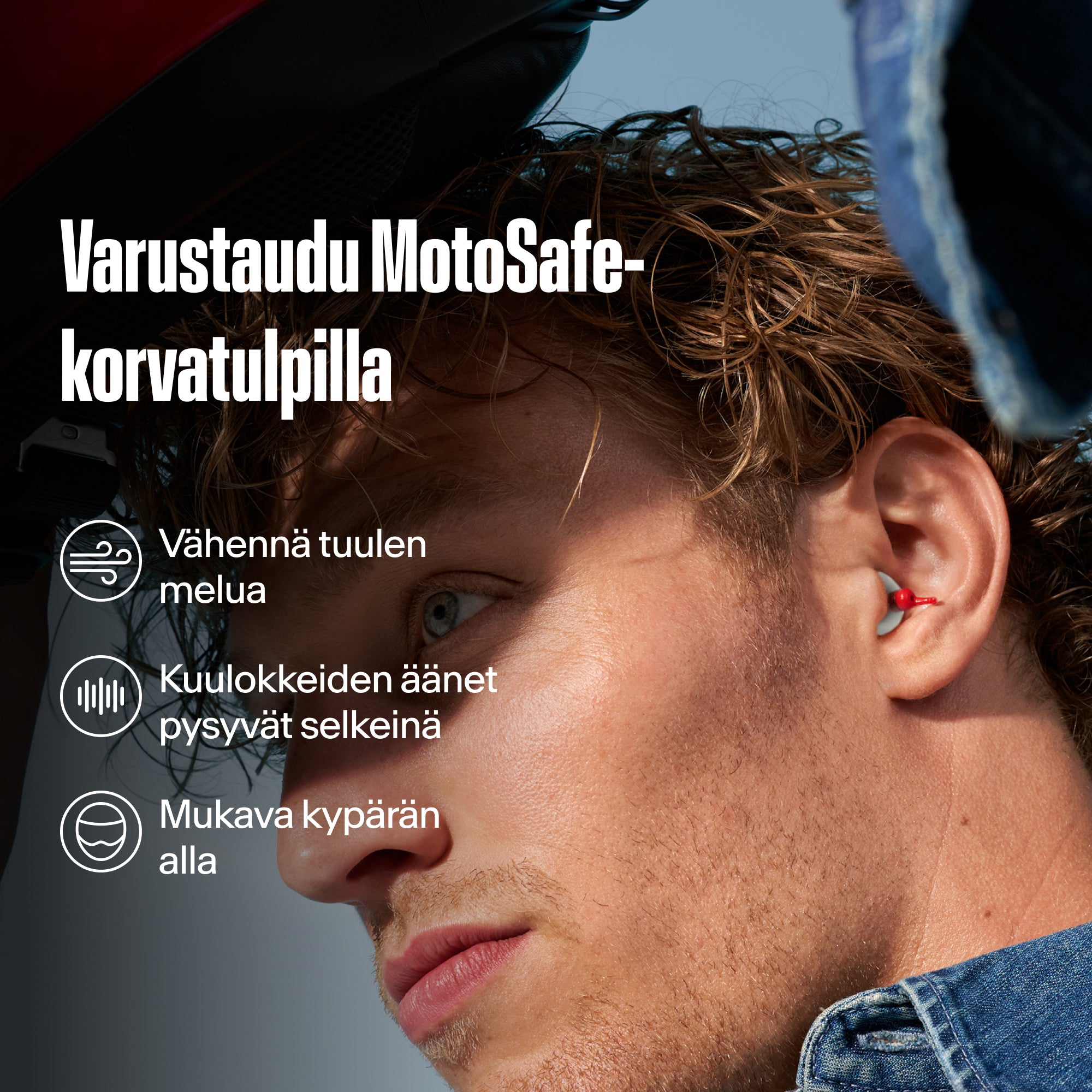 Mies, jolla on Alpine MotoSafe Duo -korvatulppa korvassa, tekstinä &