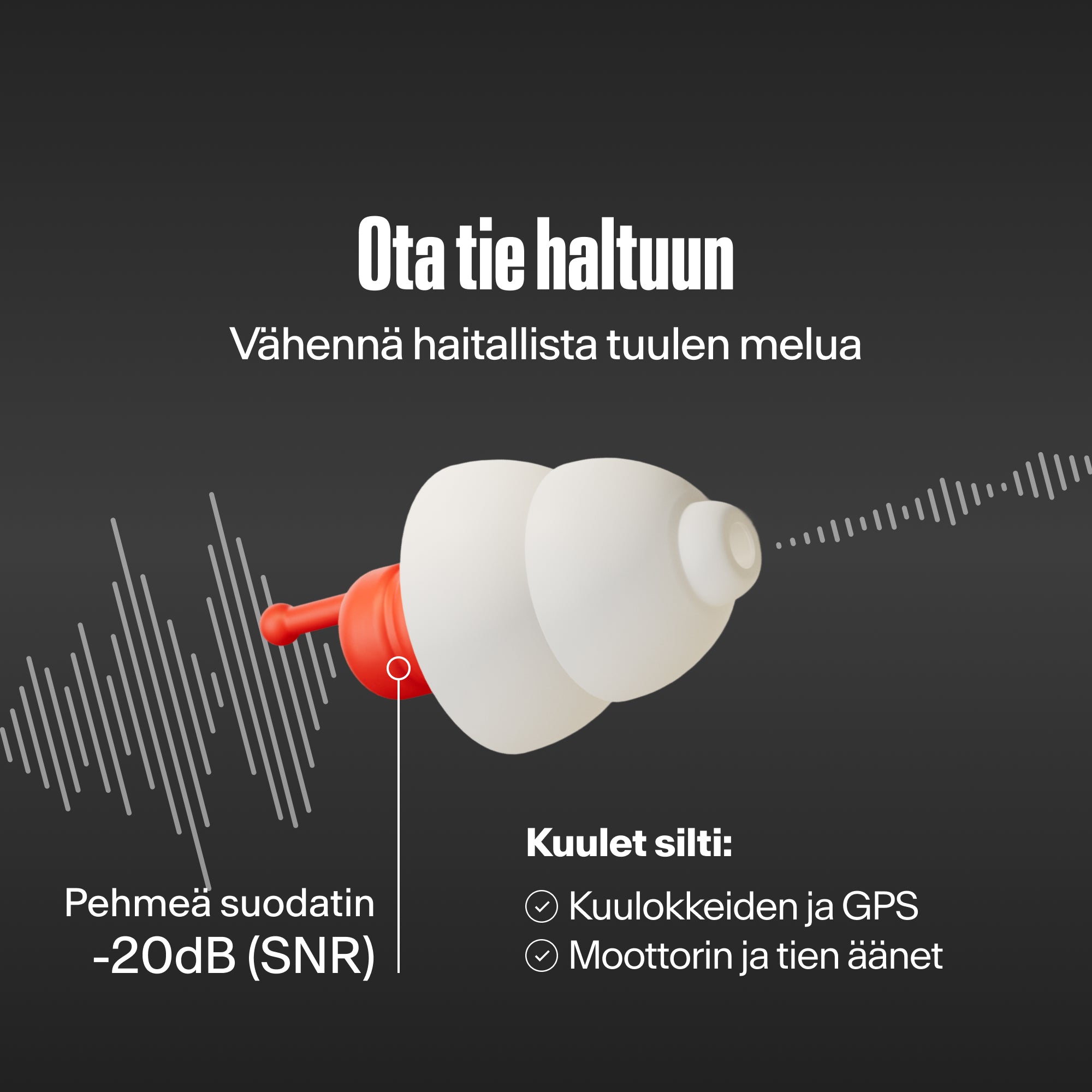 Alpine MotoSafe Sport -korvatulppa suodattaa ääniaaltoja, tekstinä &