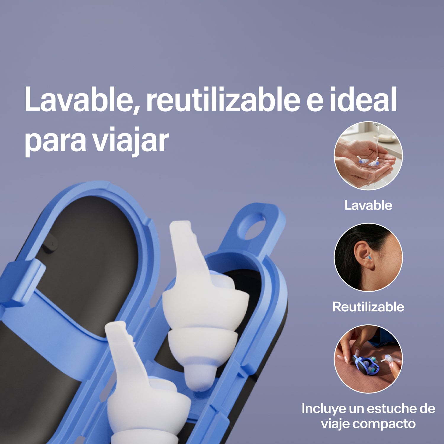 Tapones lavables y reutilizables Alpine SleepDeep talla L en un estuche de viaje azul compacto abierto, listos para viajar  