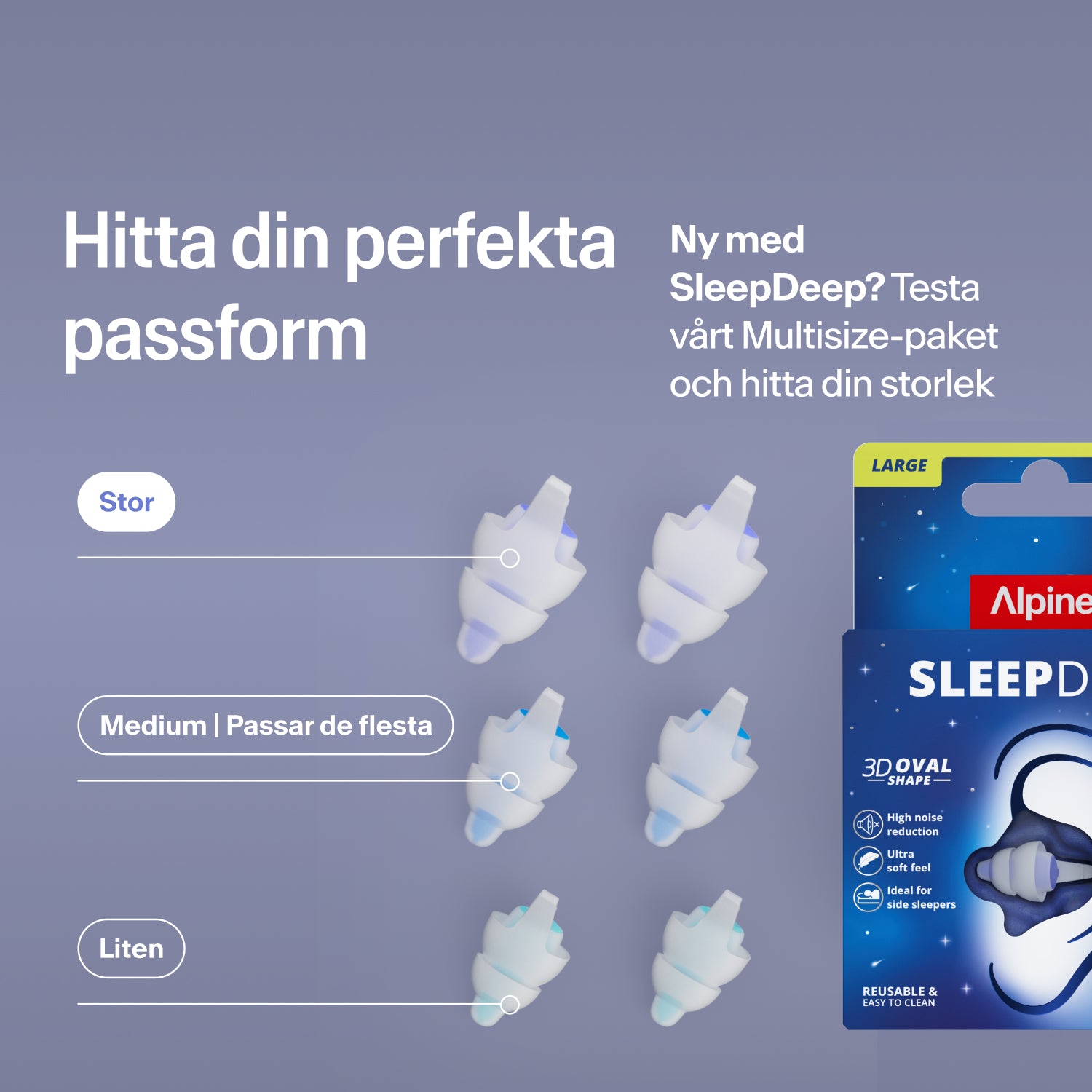 Alpine SleepDeep öronproppar i storlekarna Large, Medium och Small bredvid förpackningen; hitta rätt storlek med Multisize-paketet  