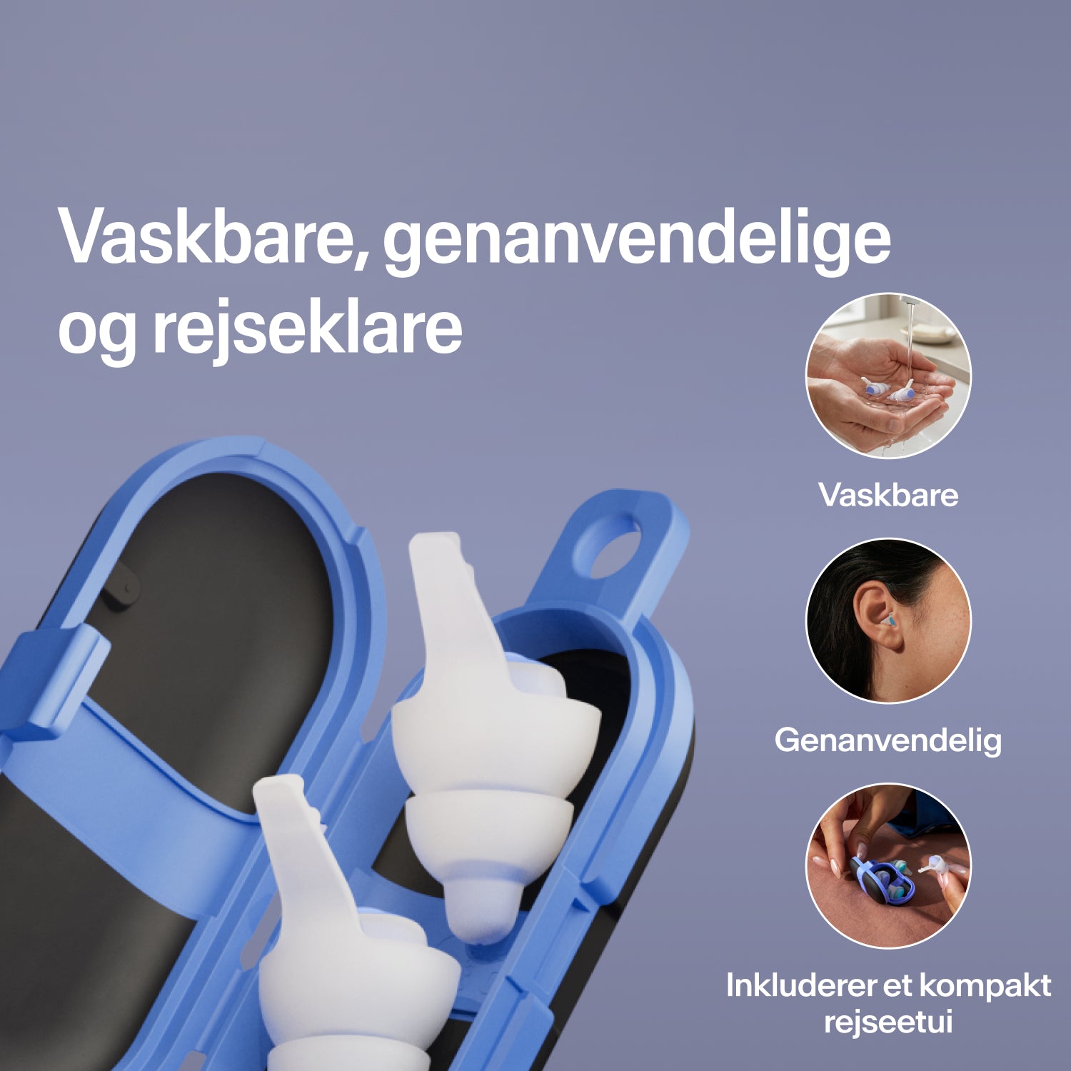 Vaskbare, genanvendelige Alpine SleepDeep ørepropper i størrelse M i et åbent blåt kompakt rejseetui, klar til rejsen 