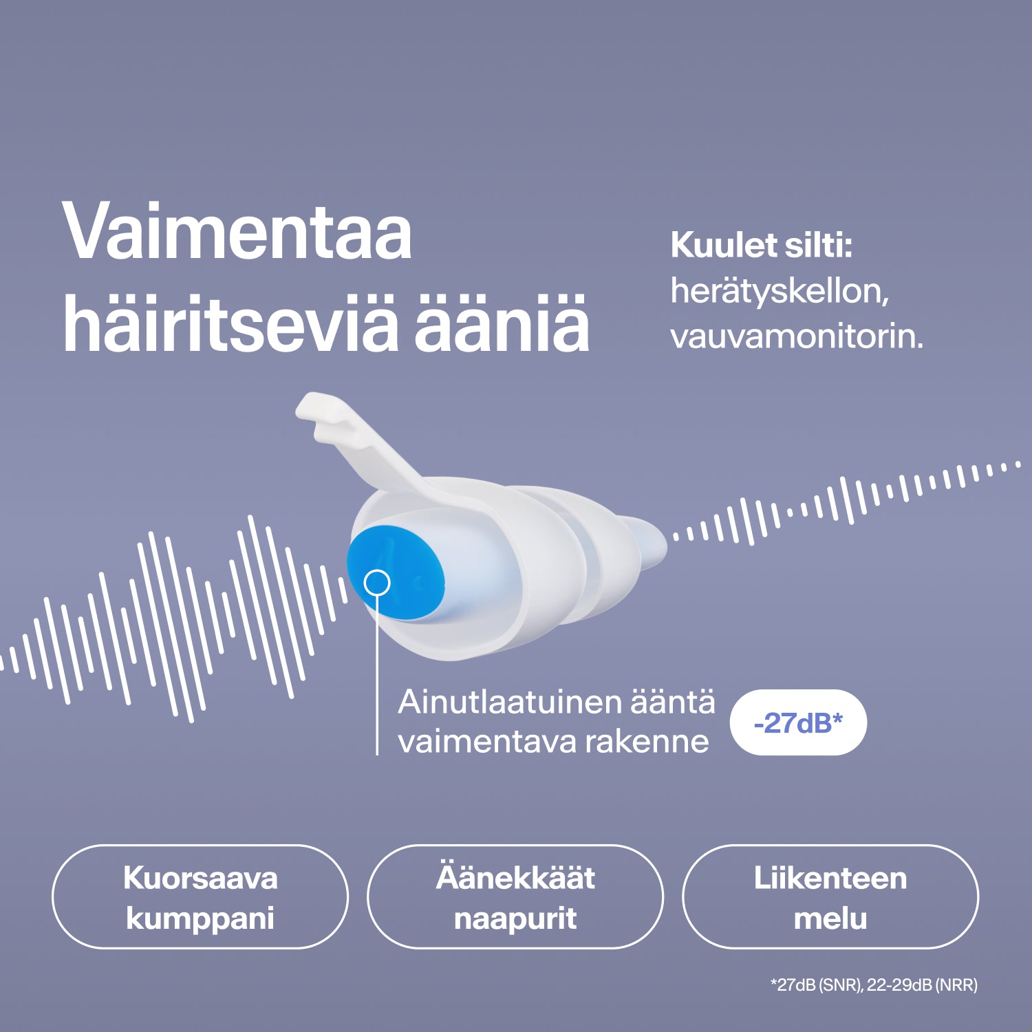 Ovaalit Alpine SleepDeep -korvatulpat, koko M, kylkimakaajille, pehmeää ja joustavaa materiaalia, joka mukautuu korvaan 