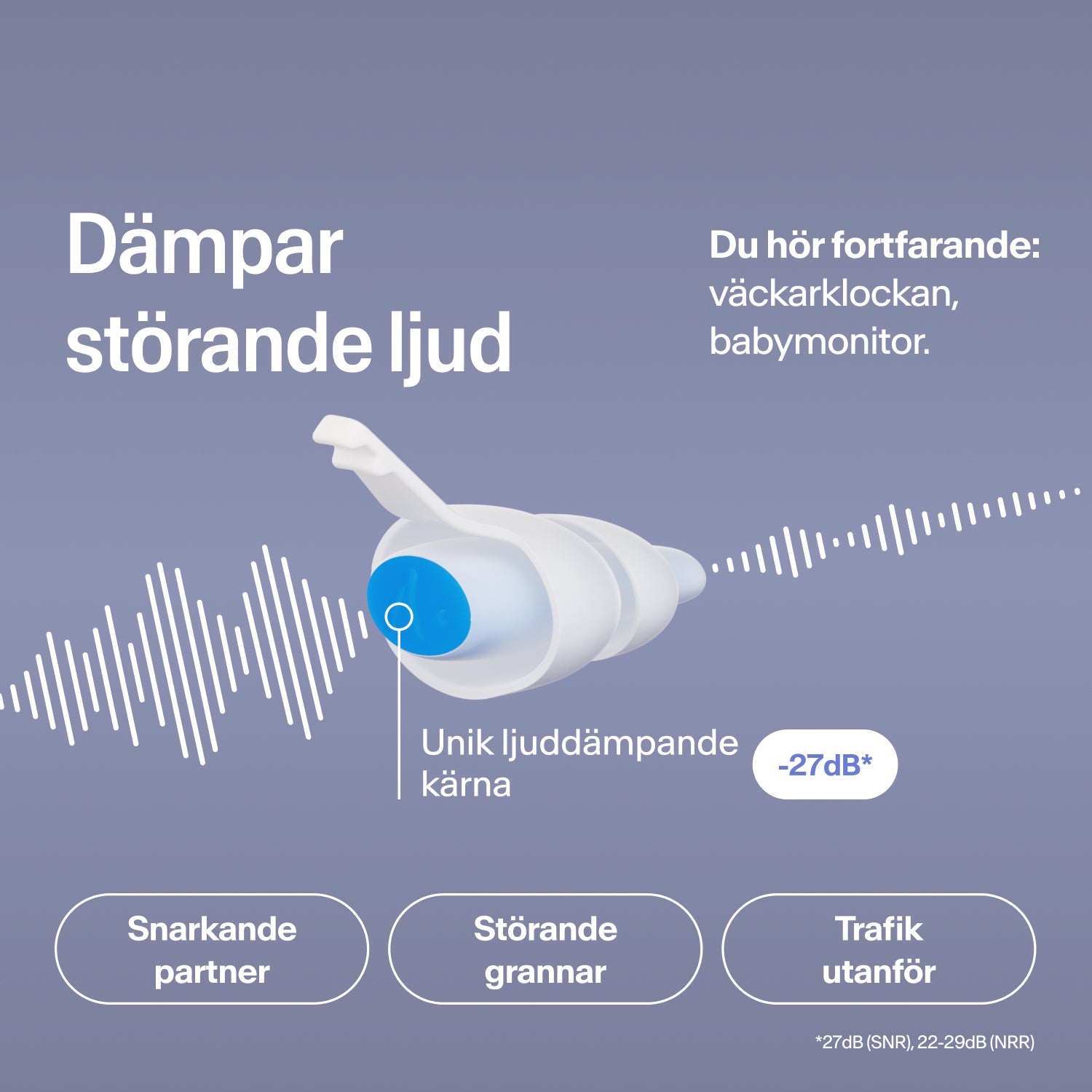 Alpine SleepDeep öronpropp i storlek M dämpar snarkning, grann- och trafikbuller med 27 dB, medan väckarklockan hörs 
