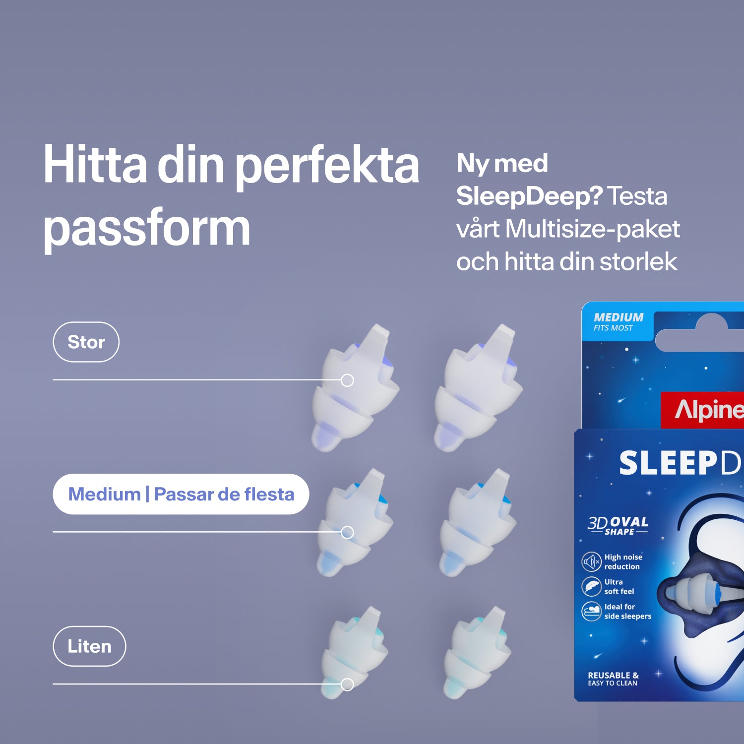 Alpine SleepDeep öronproppar i storlekarna Large, Medium och Small bredvid förpackningen; hitta rätt storlek med Multisize-paketet 