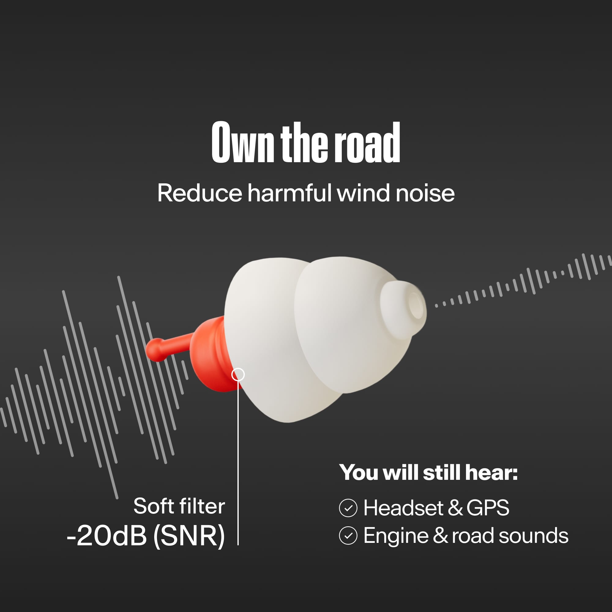 Alpine MotoSafe Sport earplug filtering sound waves, with the text &