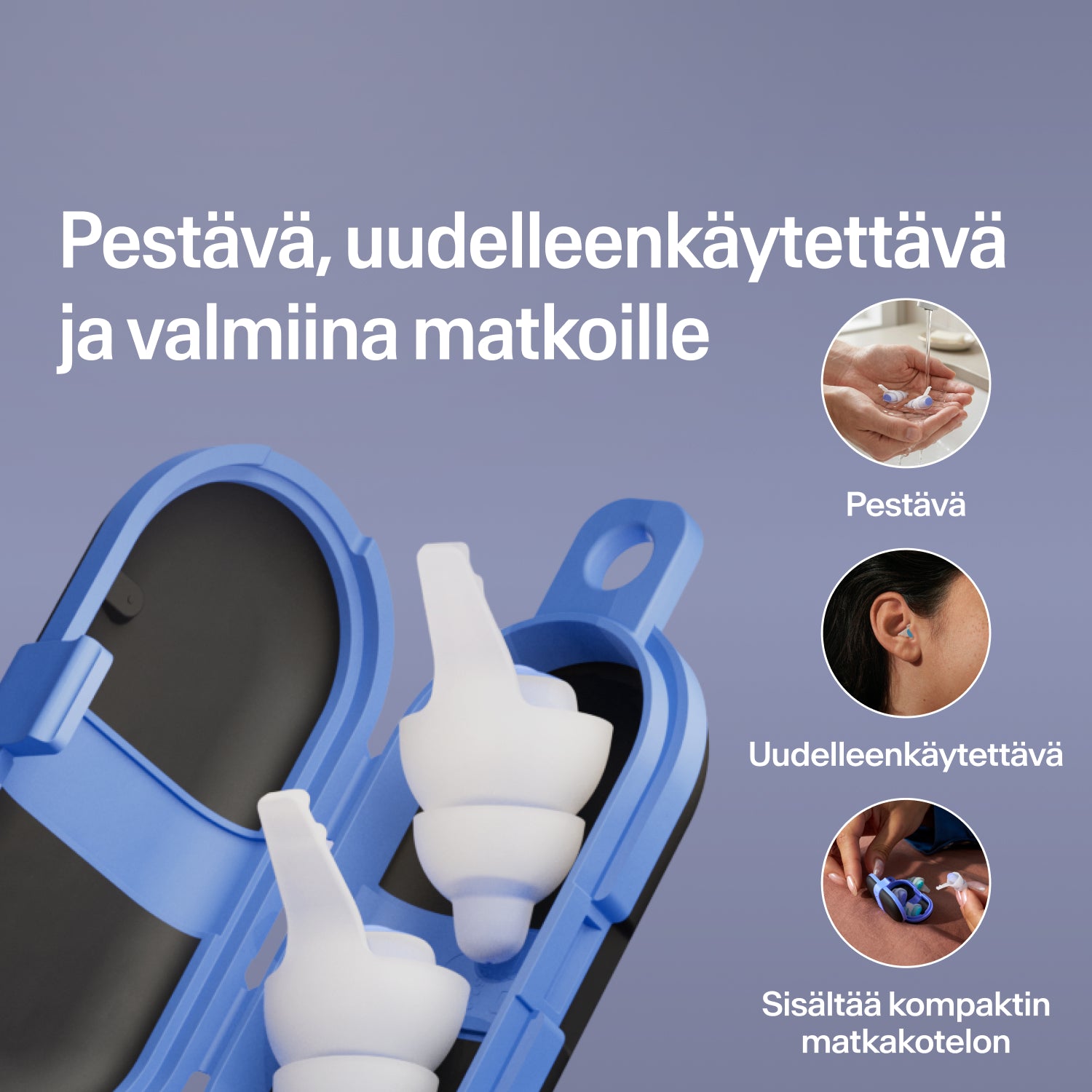 Pestävät, uudelleenkäytettävät Alpine SleepDeep Multisize -korvatulpat avoimessa sinisessä matkakotelossa, valmiina matkalle 