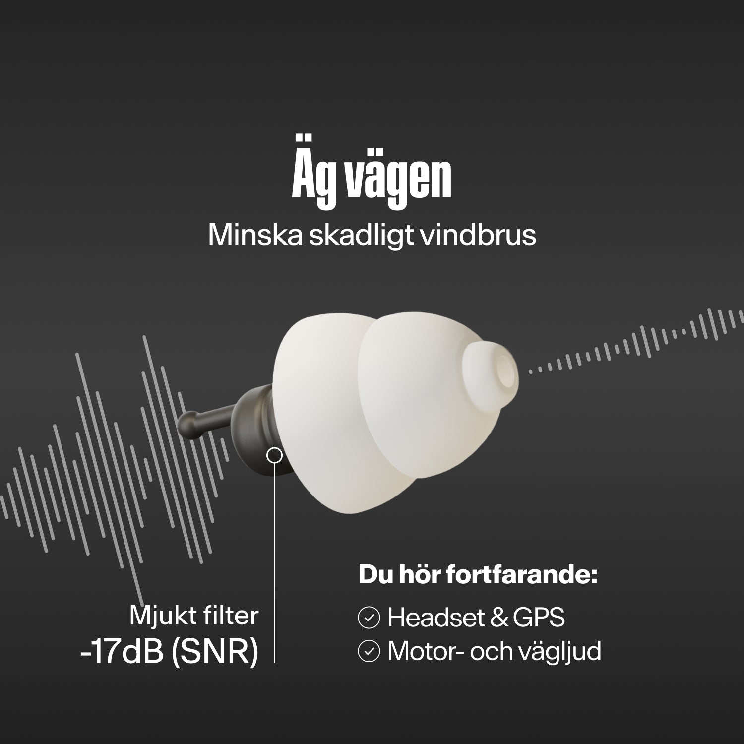 Alpine MotoSafe Tour öronpropp mellan ljudvågor, text "Äg vägen – Minska skadligt vindbrus", "Mjukt filter -17dB (SNR)", "Du hör fortfarande: Headset & GPS, Motor- och vägljud" 