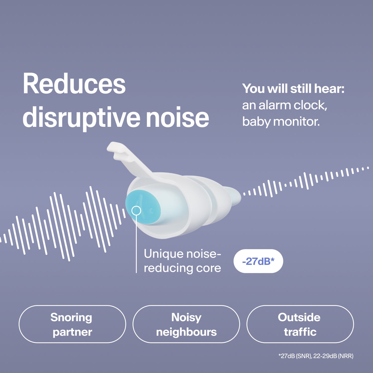 Alpine SleepDeep earplug in size S reduces snoring, neighbour and traffic noise by 27 dB, while alarms stay audible  