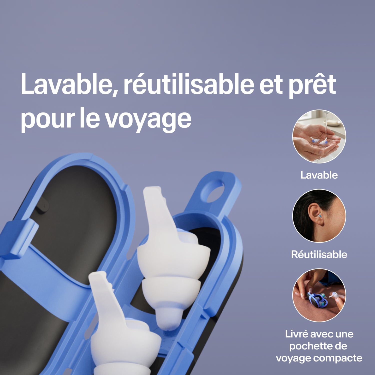 Bouchons lavables et réutilisables Alpine SleepDeep taille S dans un étui de voyage bleu compact ouvert, prêts à partir 