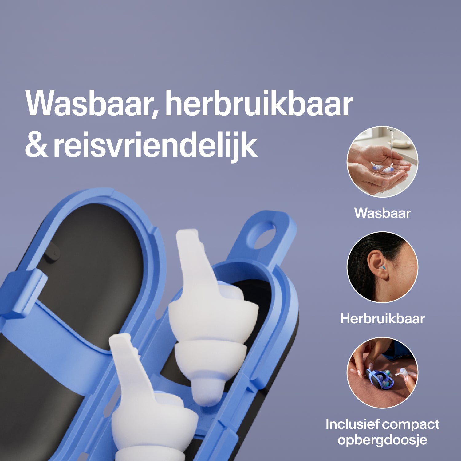 Wasbare, herbruikbare Alpine SleepDeep oordopjes in maat S in een open blauw compact reisetui, klaar voor onderweg  