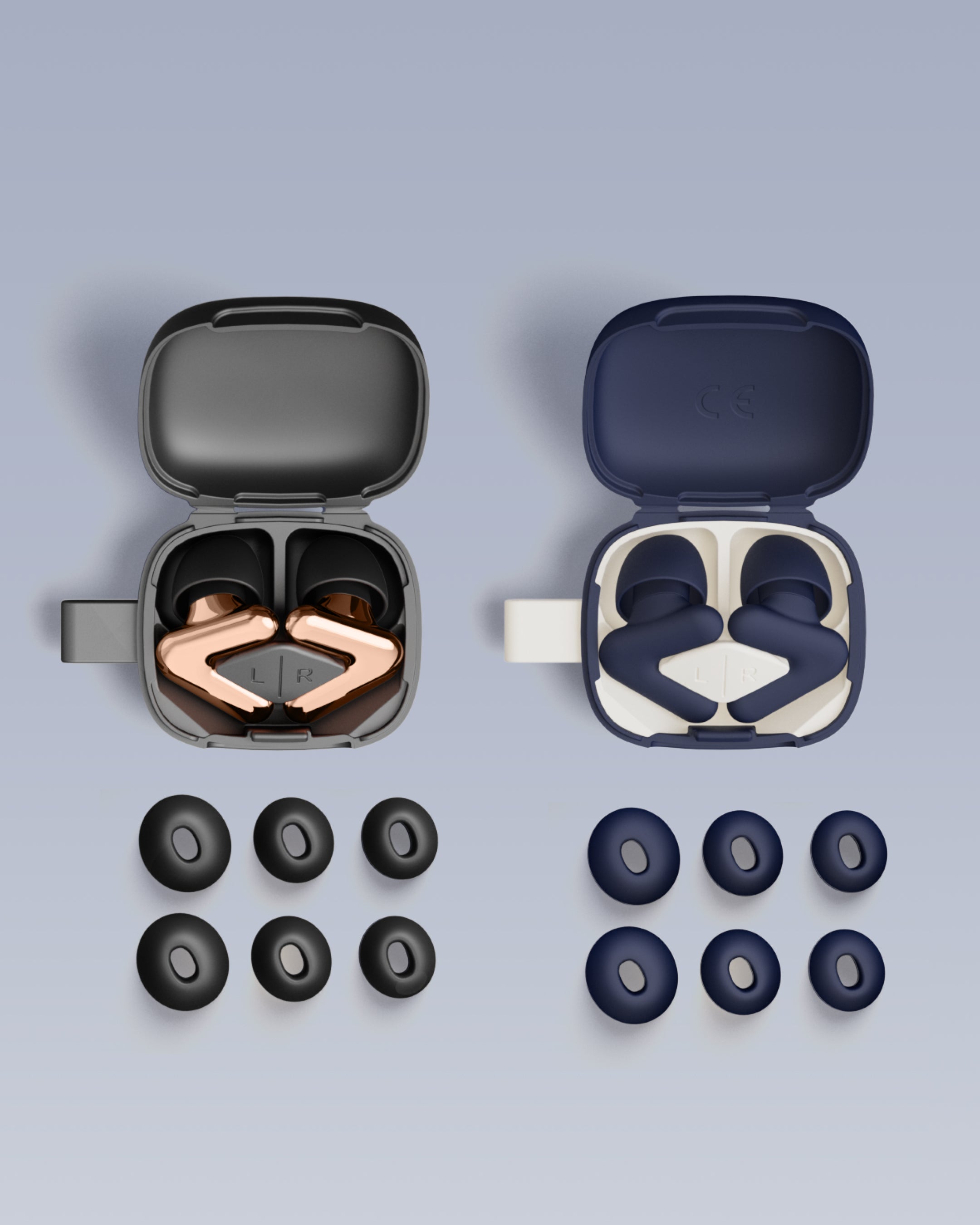 Alpine Day & Night Bundle: Alpine Tune and Alpine Silence earplugs in open cases, each with six spare ear tips, top view 