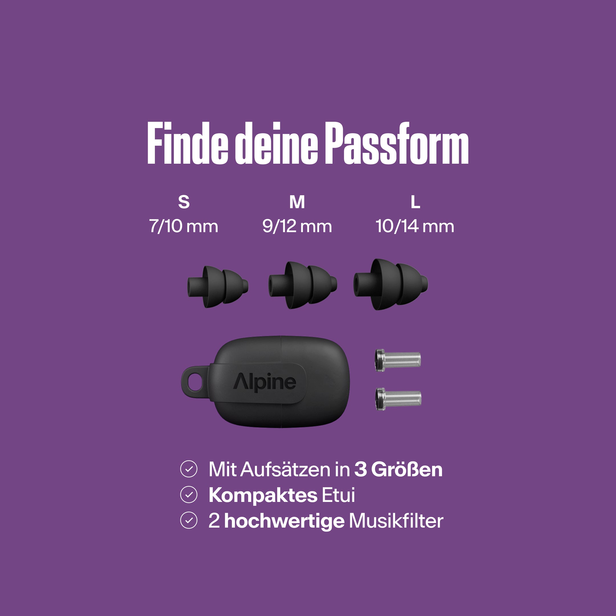 Alpine PartyPlug Pro: finde deine perfekte Passform. Drei schwarze Ohrstöpsel-Größen S, M, L, Tragetasche, zwei Musikfilter 