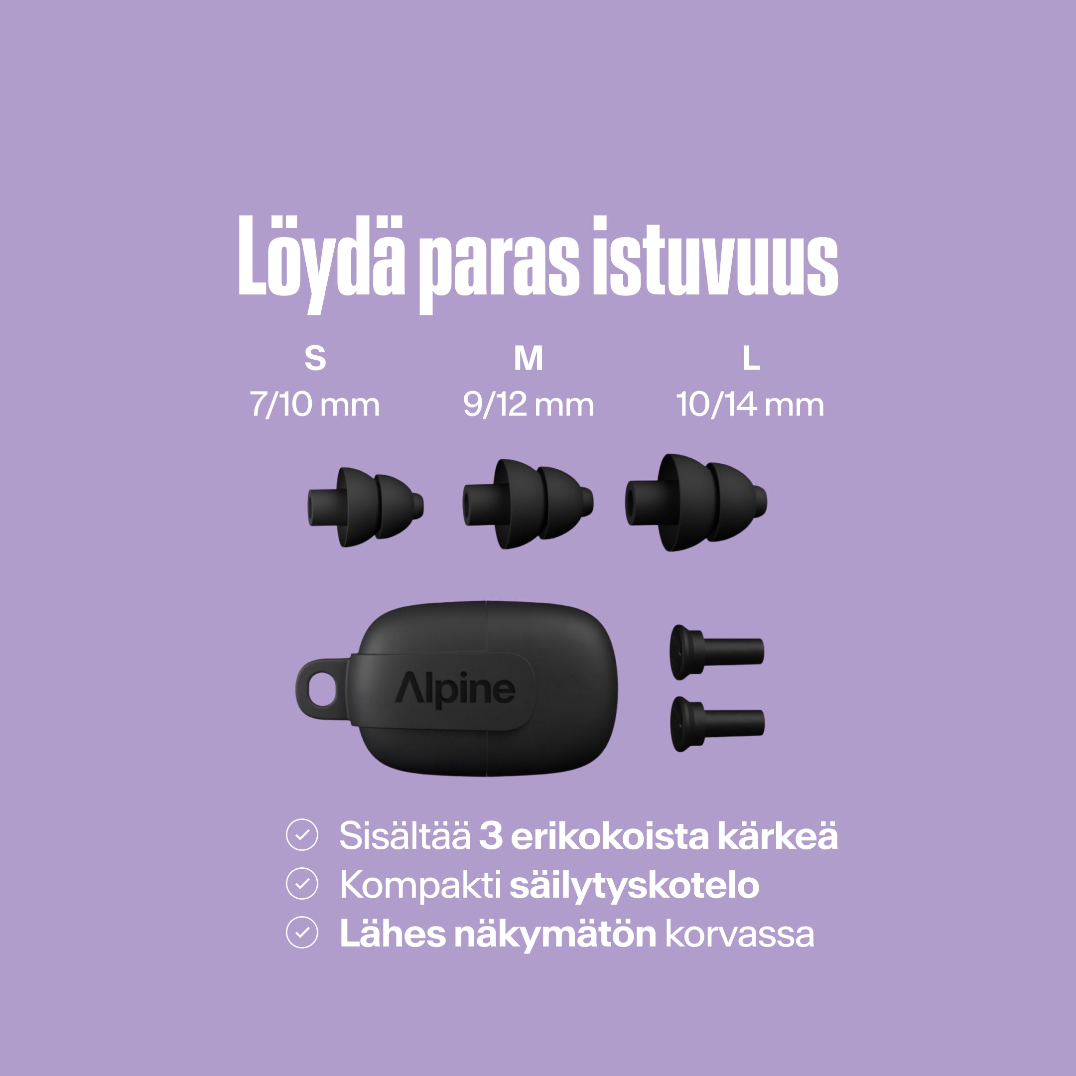 Alpine PartyPlug-korvakärjet (S/M/L) kompaktilla kantokotelolla, lähes näkymättömät korvassa 
